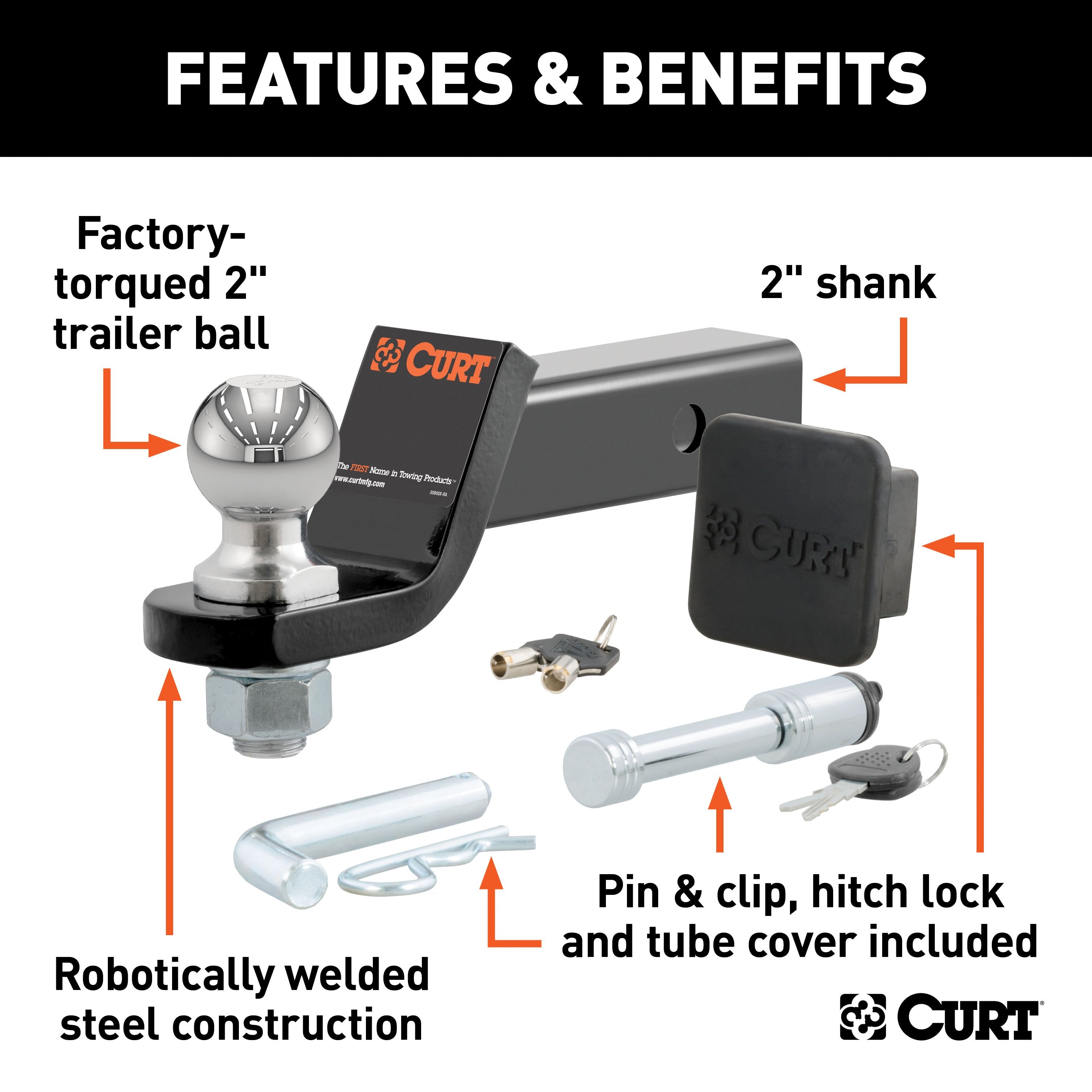 CURT Trailer Hitch Mount, 2-Inch Ball, Lock, Fits 2-In Receiver, 7,500 lbs, 2" Drop, Cap Model 45534