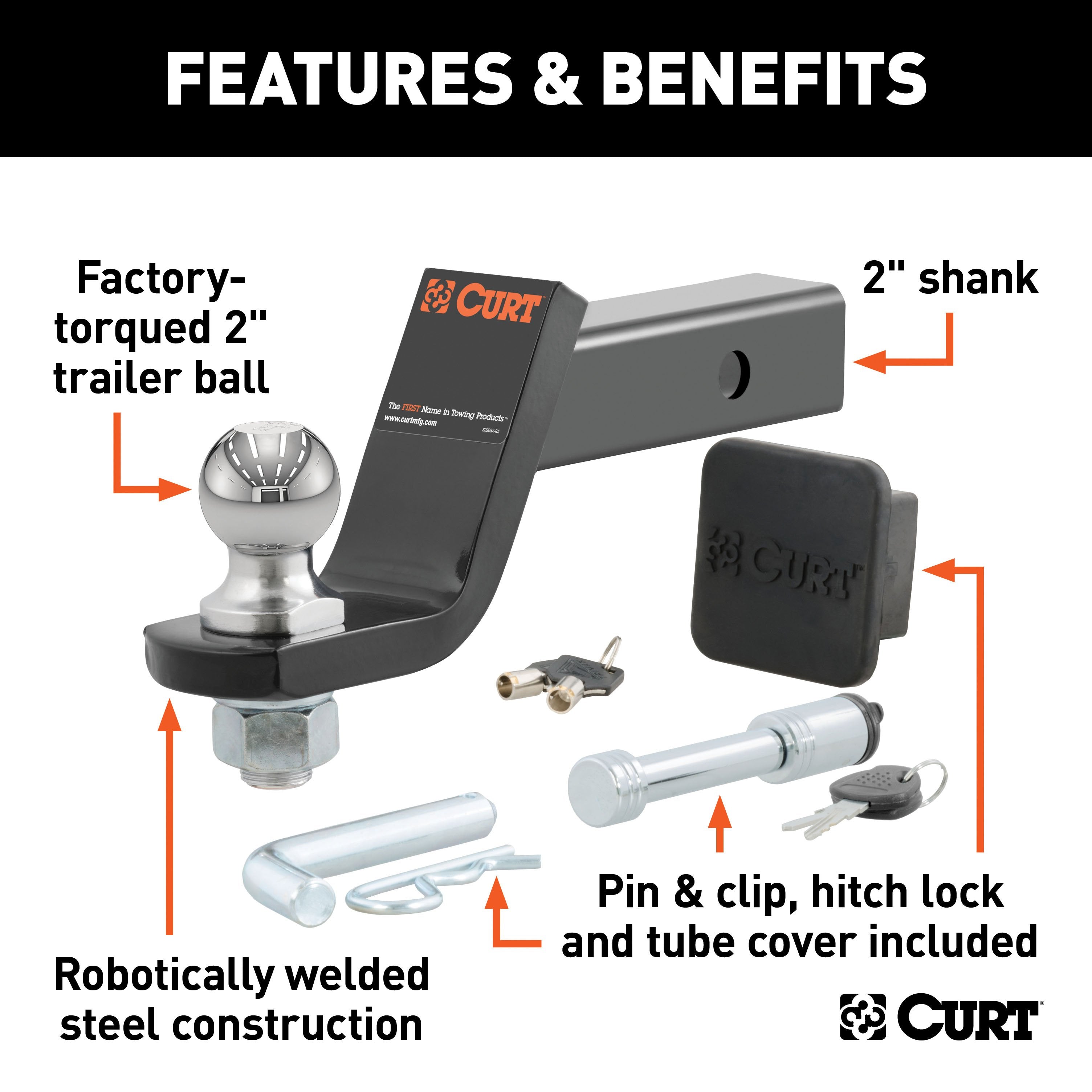 CURT Trailer Hitch Mount, 2-Inch Ball, Lock, Fits 2-In Receiver, 7,500 lbs, 4" Drop, Cap Model 45554