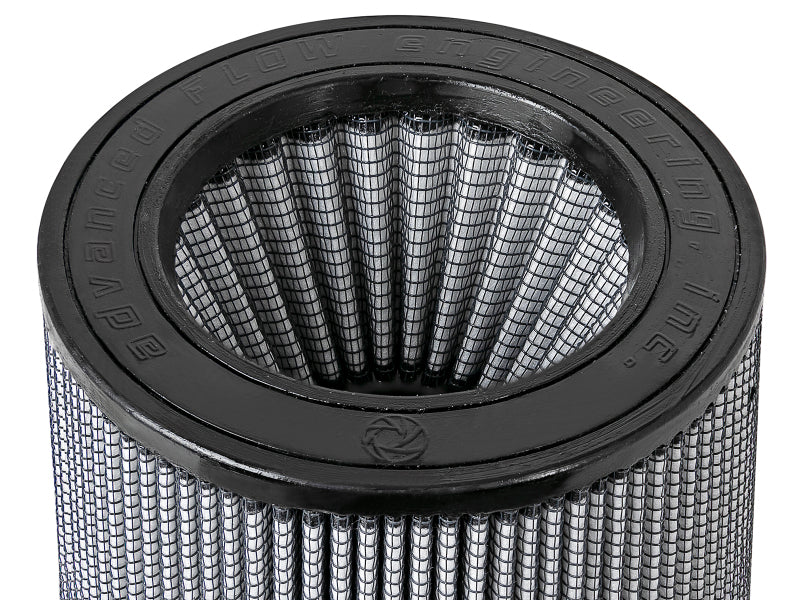 AFE Momentum intake replacement air filter featuring a cylindrical design with a mesh exterior and black top, measuring 5-1/2 inches at the front and back, 6-1/2 inches in height.