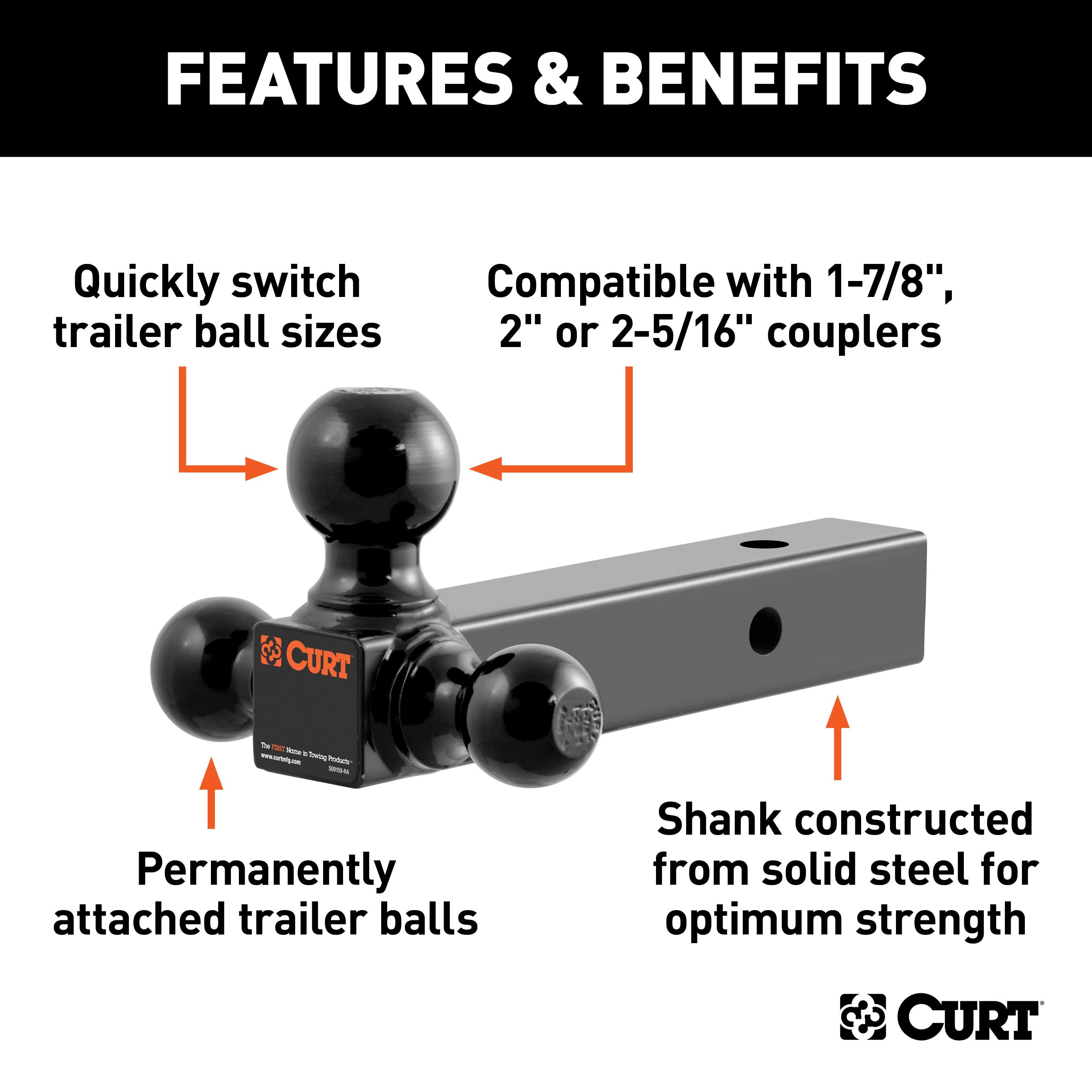 CURT Multi-Ball Trailer Hitch Ball Mount, 1-7/8, 2, 2-5/16-Inch Balls, Fits 2-Inch Receiver, 10,000 lbs Model 45650