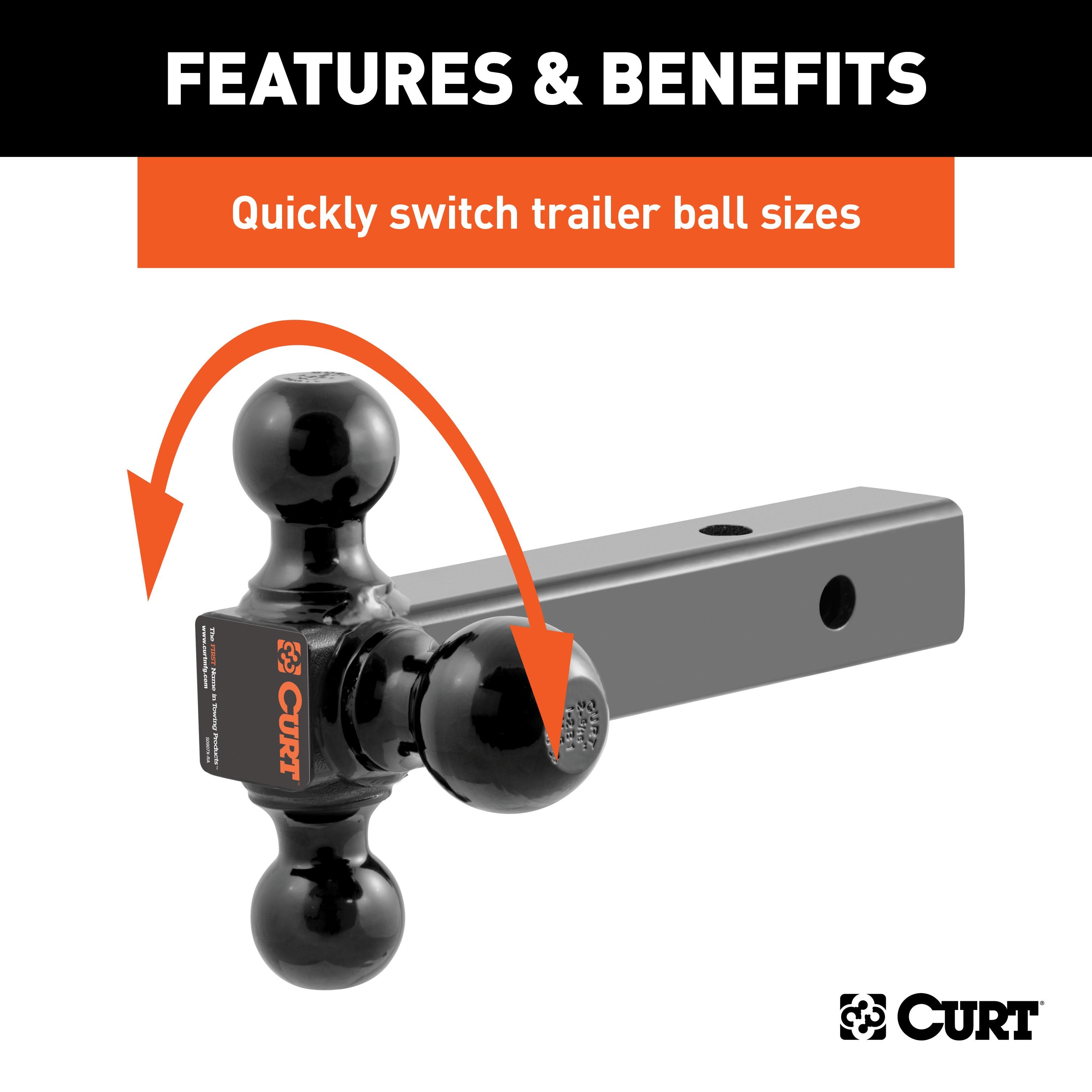 CURT Multi-Ball Trailer Hitch Ball Mount, 1-7/8, 2, 2-5/16-Inch Balls, Fits 2-Inch Receiver, 10,000 lbs Model 45650