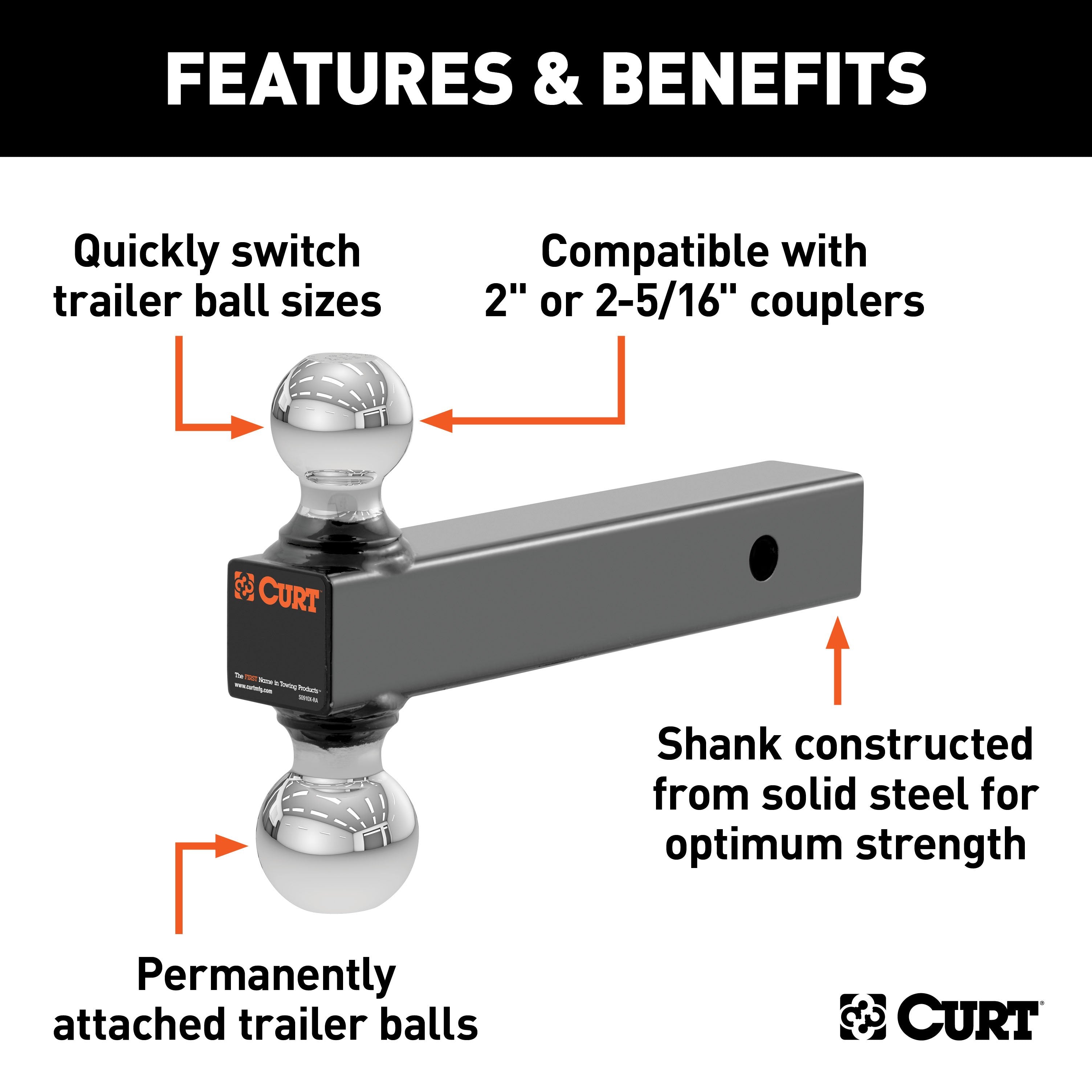 CURT Multi-Ball Trailer Hitch Ball Mount, 2, 2-5/16-Inch Balls, Fits 2-Inch Receiver, 10,000 lbs Model 45665