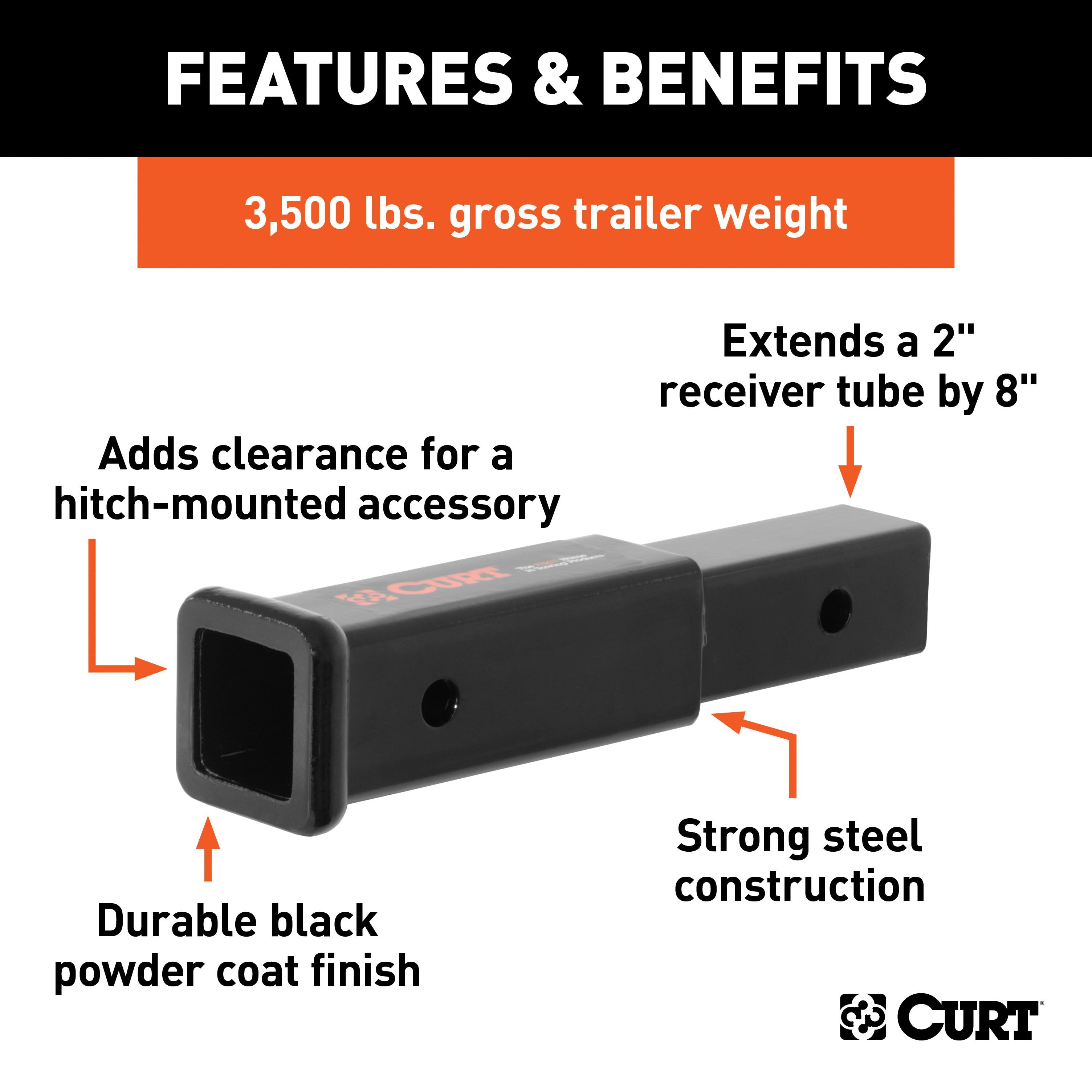 CURT 8-Inch Long Trailer Hitch Extension with Solid Shank for 2-Inch Receiver, 3,500 lbs Model 45791