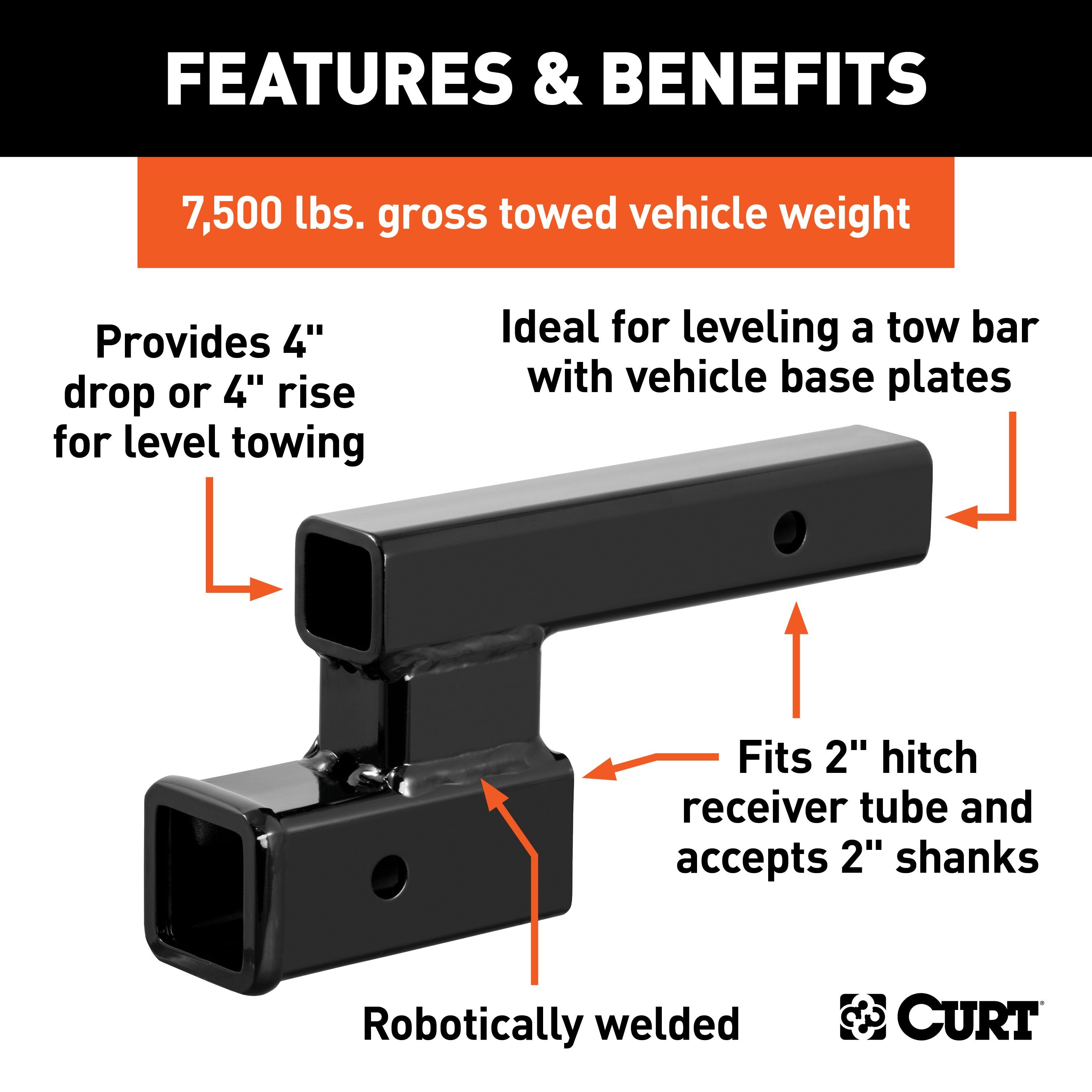 CURT Trailer Hitch Adapter, 2-Inch Receiver, 4-In Drop or Rise, 7,500 lbs Model 45798