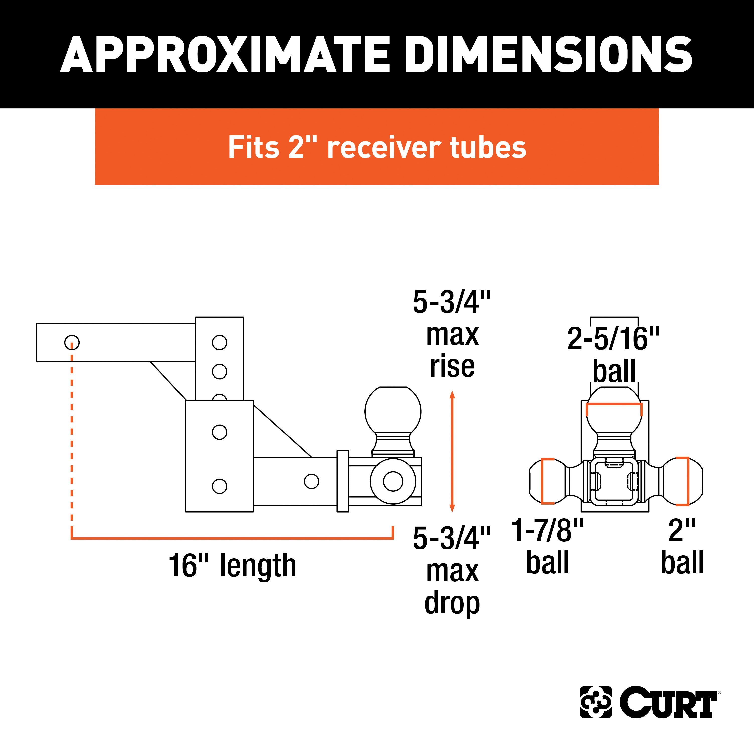 CURT Adjustable Trailer Hitch Ball Mount, Fits 2-Inch Receiver, 5-3/4-Inch Drop, 1-7/8, 2, 2-5/16-Inch Balls, 10,000 lbs Model 45799