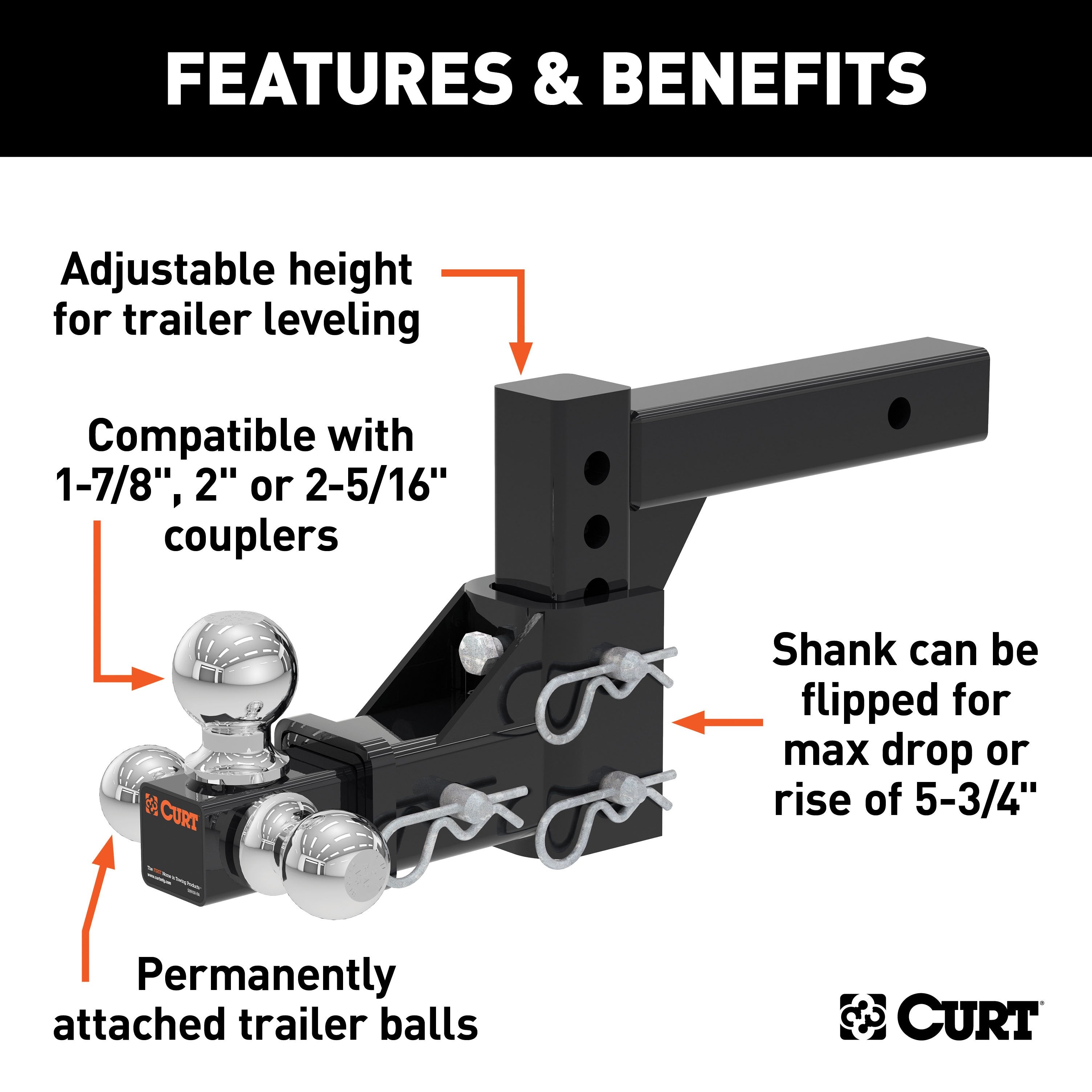 CURT Adjustable Trailer Hitch Ball Mount, Fits 2-Inch Receiver, 5-3/4-Inch Drop, 1-7/8, 2, 2-5/16-Inch Balls, 10,000 lbs Model 45799