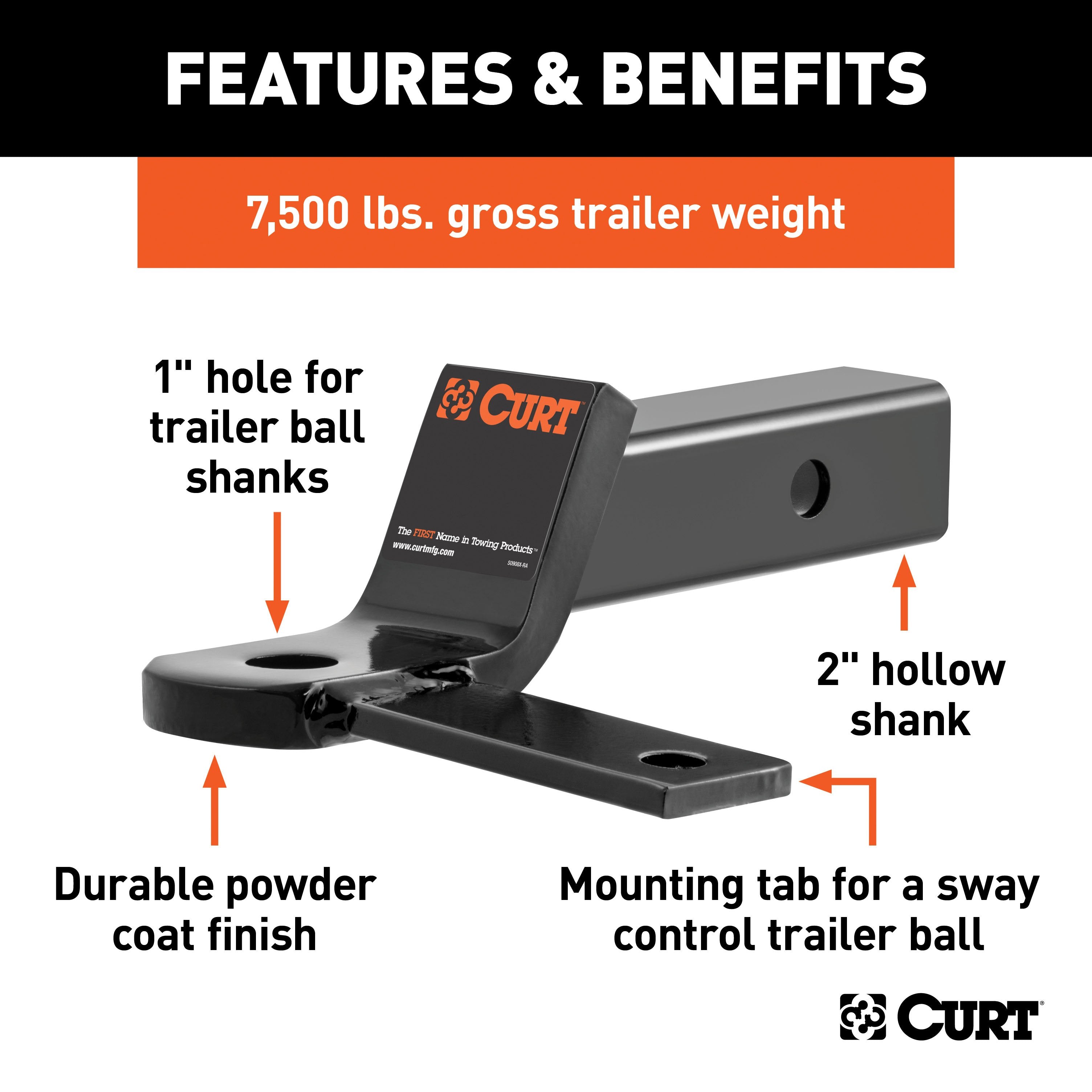 CURT Anti Sway Trailer Hitch Ball Mount, Fits 2-Inch Receiver, 7,500 lbs, 1-Inch and 5/8-Inch Holes, 2-In Drop Model 45820