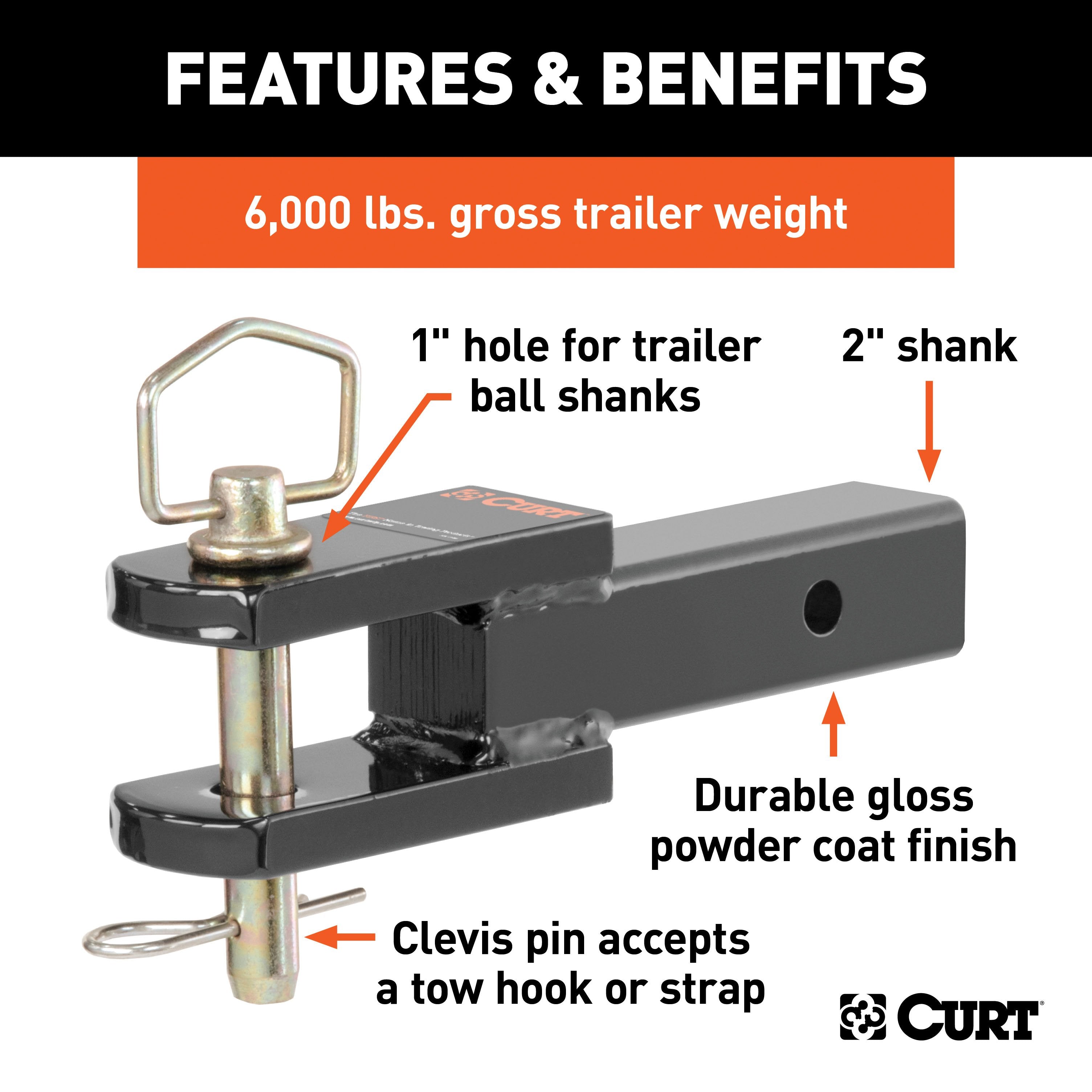 CURT Clevis Pin Hitch Ball Mount, Fits 2-Inch Receiver, 6,000 lbs, 1-Inch Hole Model 45821