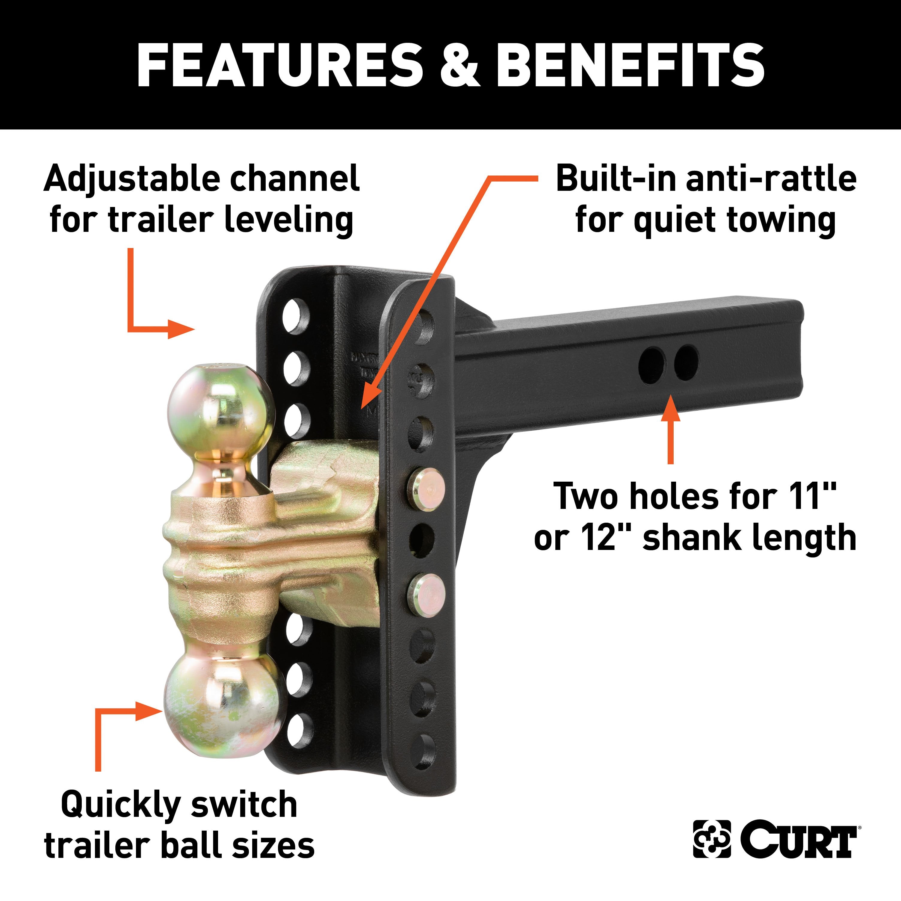 CURT Adjustable Trailer Hitch Ball Mount, 2-Inch Receiver, 6-Inch Drop, 2 and 2-5/16-Inch Balls, 14,000 lbs Model 45900
