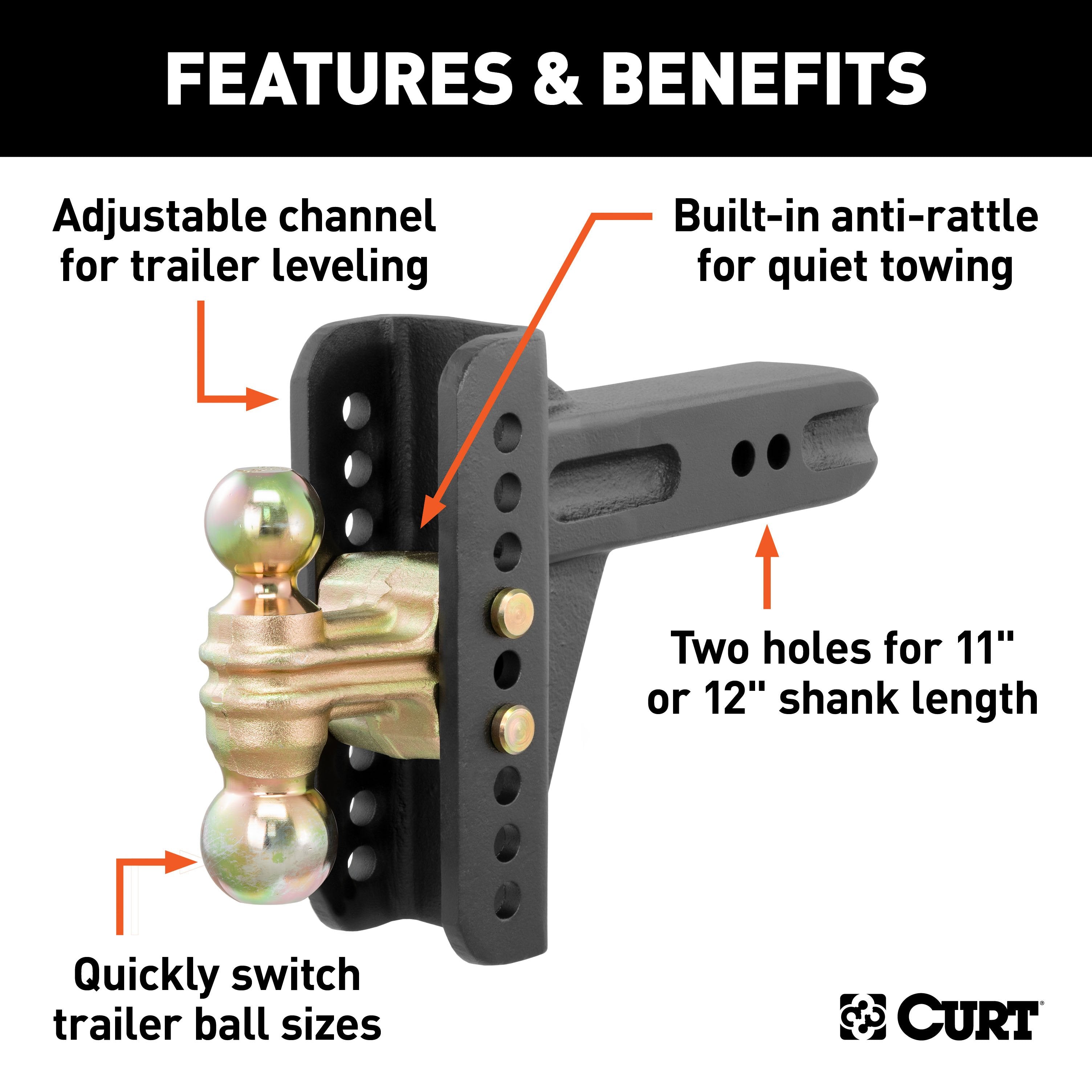 CURT Adjustable Trailer Hitch Ball Mount, 2-1/2-Inch Receiver, 6-Inch Drop, 2 and 2-5/16-Inch Balls, 20,000 lbs Model 45902