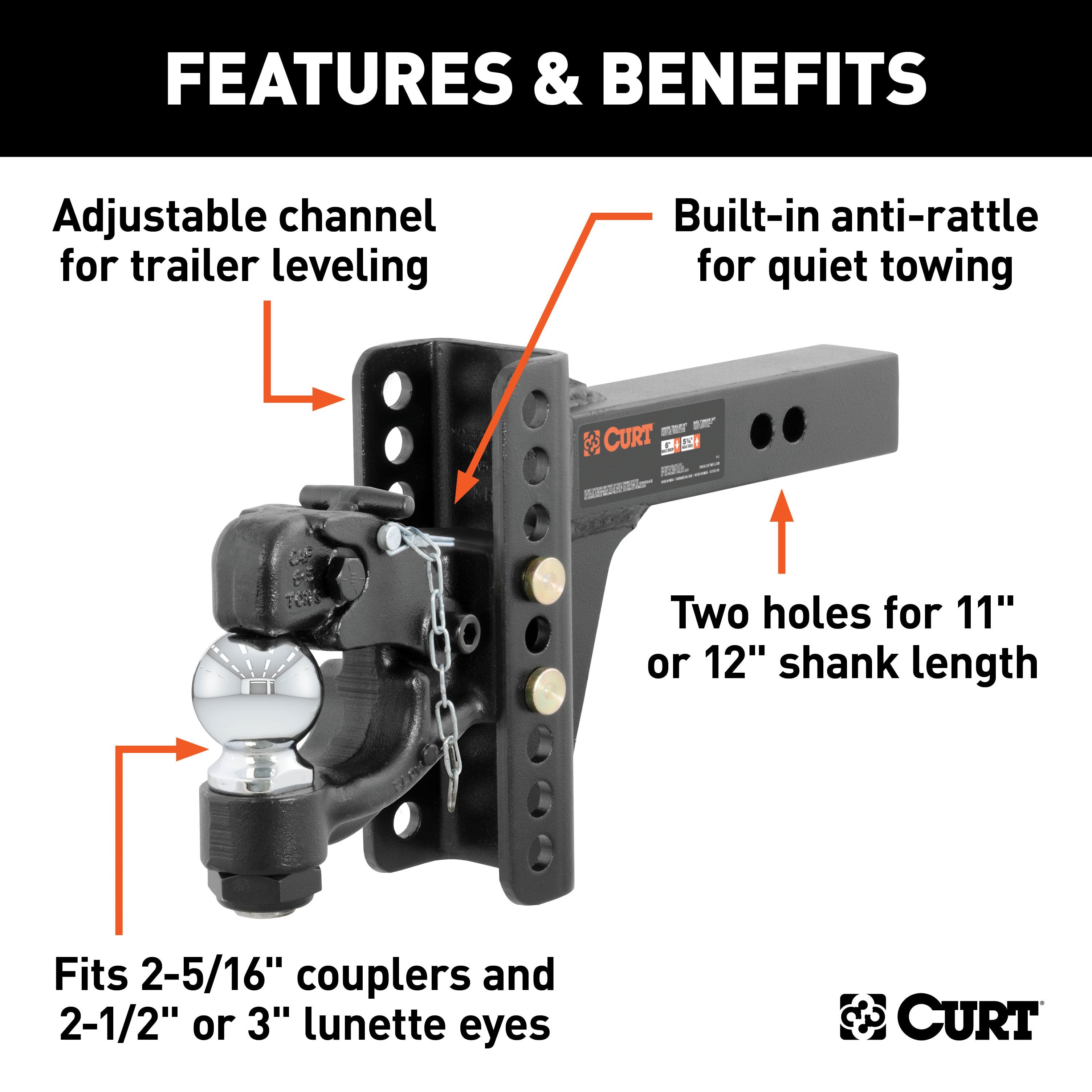 CURT Adjustable Pintle Hitch Combination, 2-Inch Receiver, 6-Inch Drop, 2-5/16-Inch Ball, 13,000 lbs Model 45907