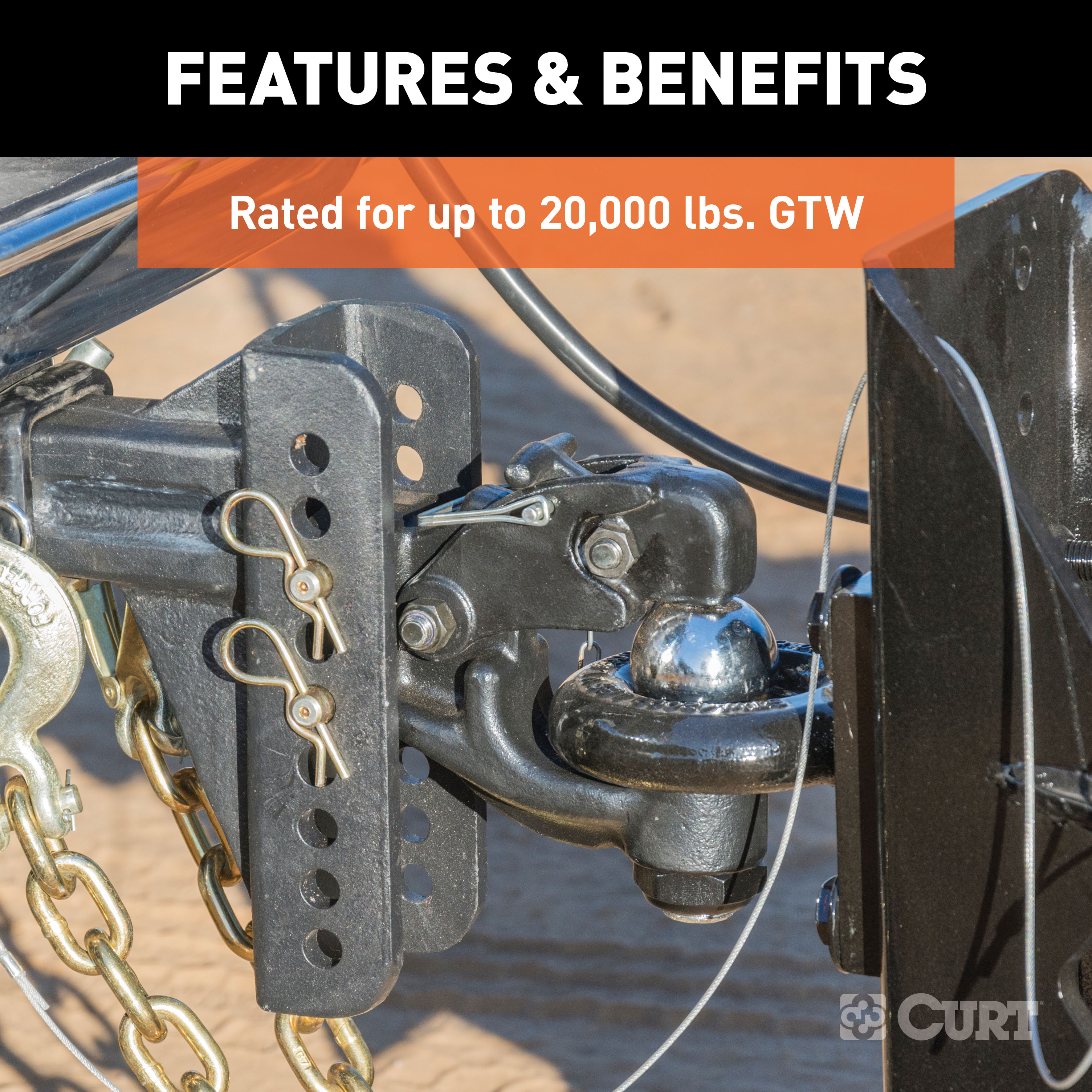 CURT Adjustable Pintle Hitch Combination, 2-1/2-Inch Receiver, 6-Inch Drop, 2-5/16-Inch Ball, 20,000 lbs Model 45908