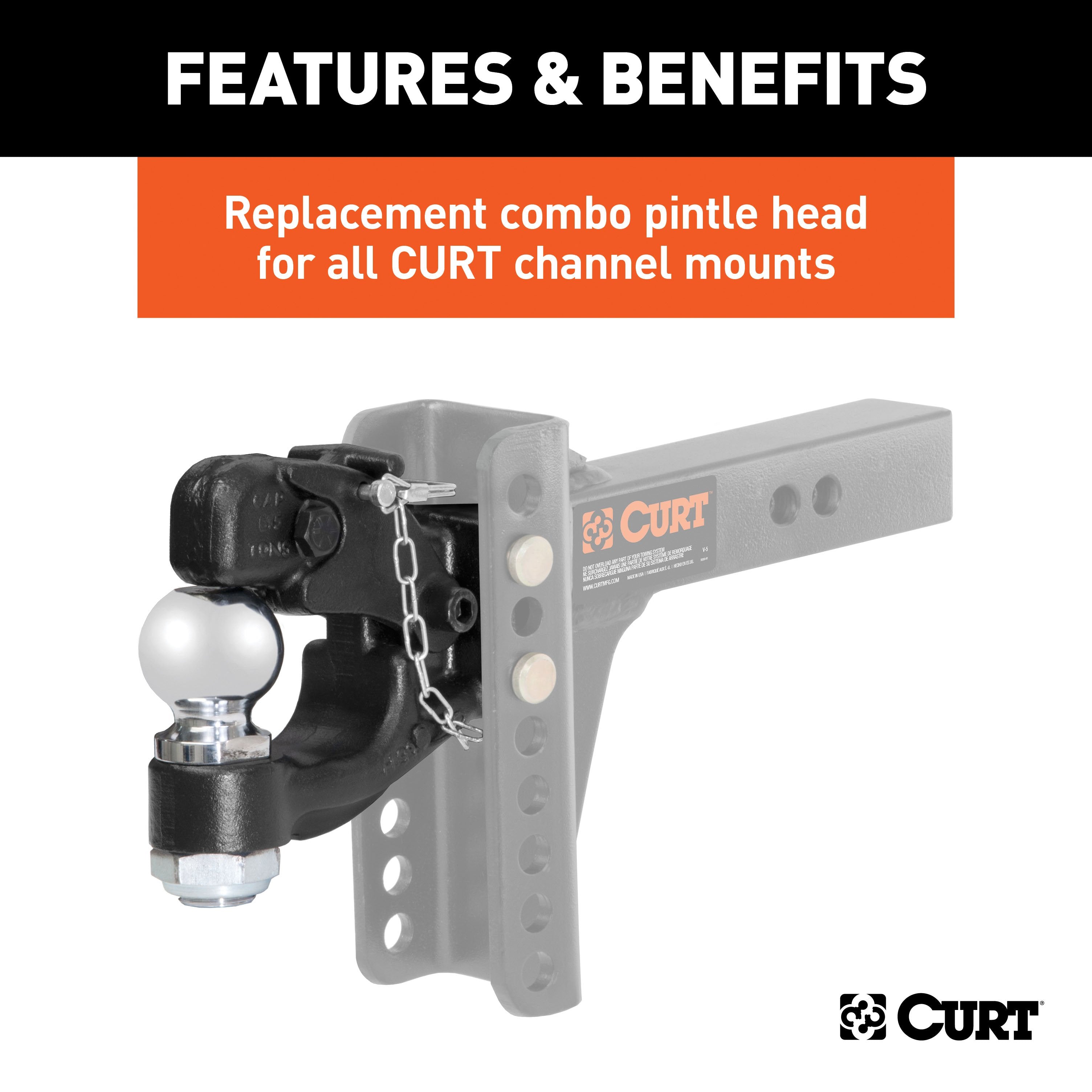 CURT Channel Mount Pintle Attachment with 2-Inch Ball, 10,000 lbs, Shank Required Model 45919