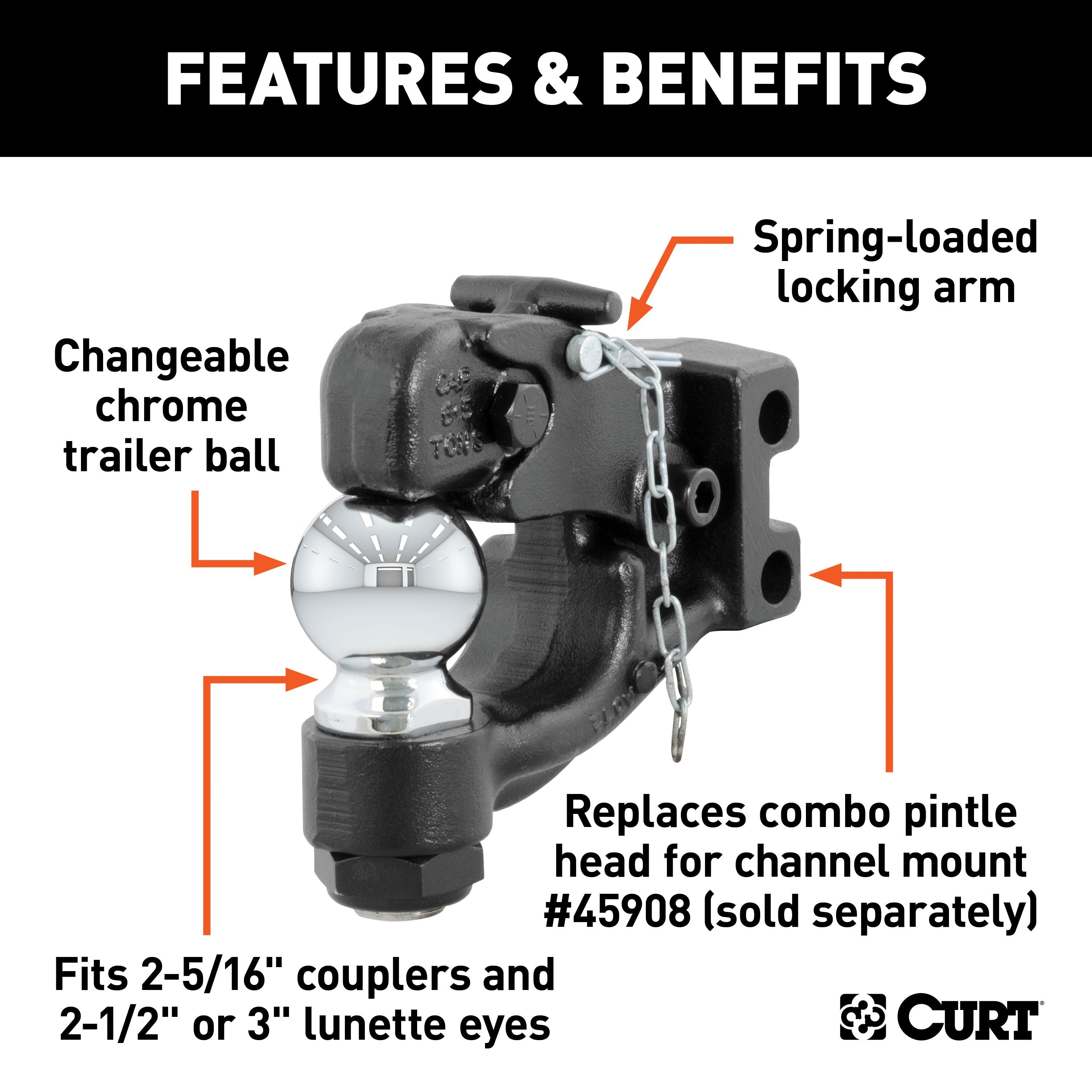CURT Channel Mount Pintle Attachment with 2-5/16-Inch Ball, 20,000 lbs, Shank Required Model 45922