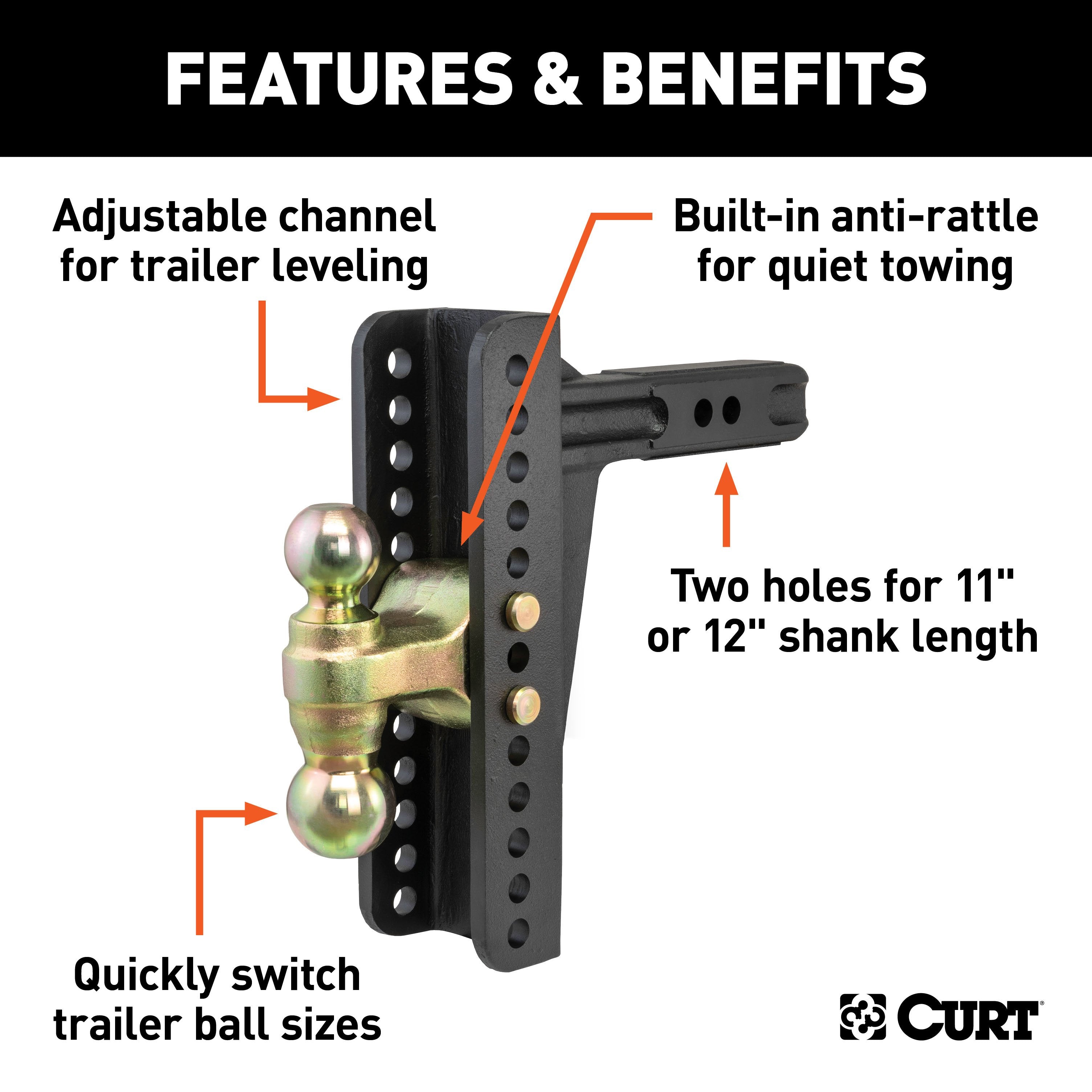 CURT Adjustable Trailer Hitch Ball Mount, 2-Inch Receiver, 10-1/8-Inch Drop, 2 and 2-5/16-Inch Balls, 14,000 lbs Model 45926