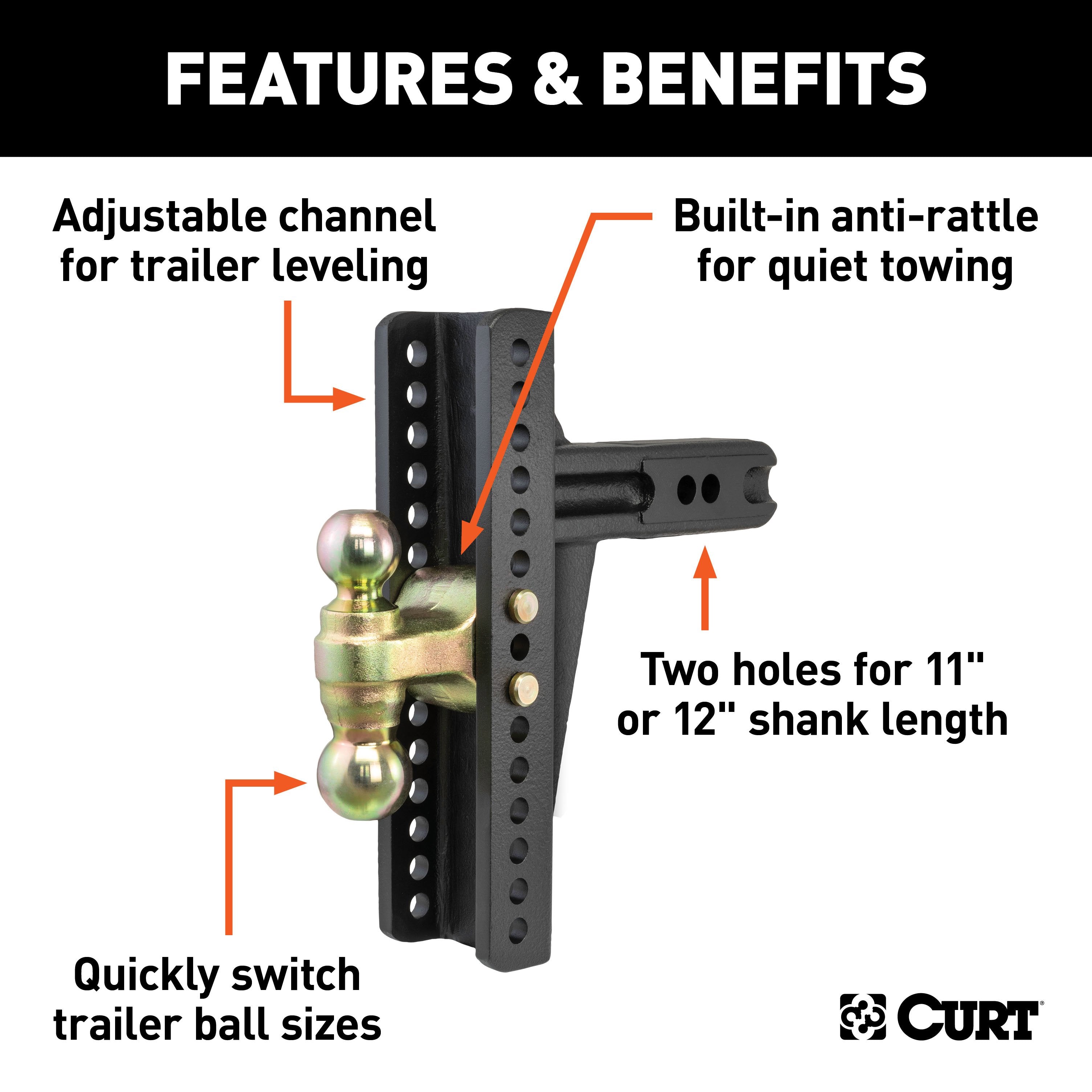 CURT Adjustable Trailer Hitch Ball Mount, 2-1/2-Inch Receiver, 10-3/8-Inch Drop, 2 and 2-5/16-Inch Balls, 20,000 lbs Model 45927