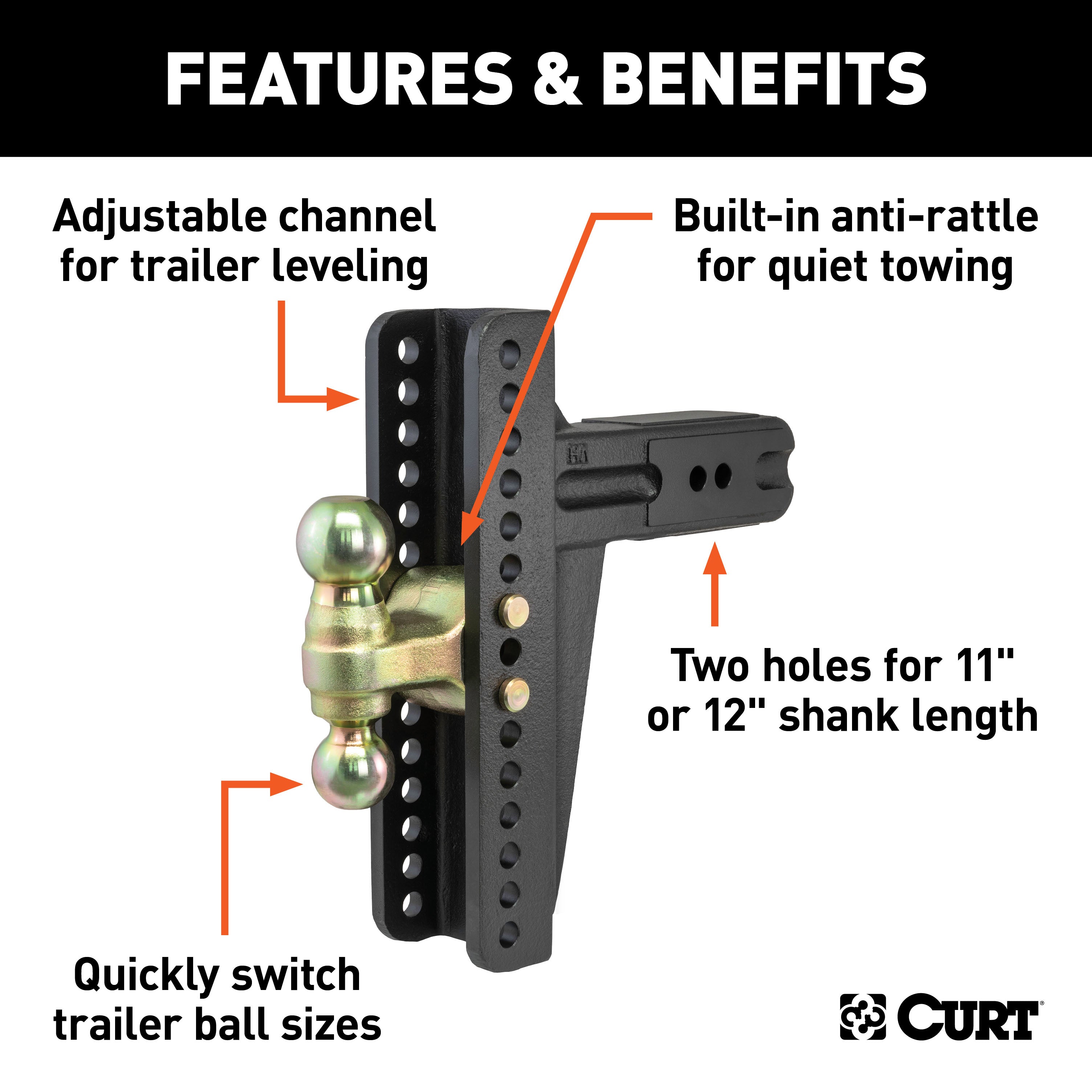 CURT Adjustable Trailer Hitch Ball Mount, 3-Inch Receiver, 10-5/8-Inch Drop, 2 and 2-5/16-Inch Balls, 21,000 lbs Model 45928