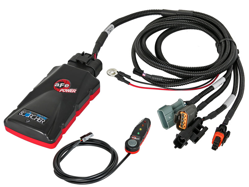 aFe SCORCHER Power Module for Ford F-150 2018-2021 V6-3.0L, featuring connectors and a control switch for enhanced performance.