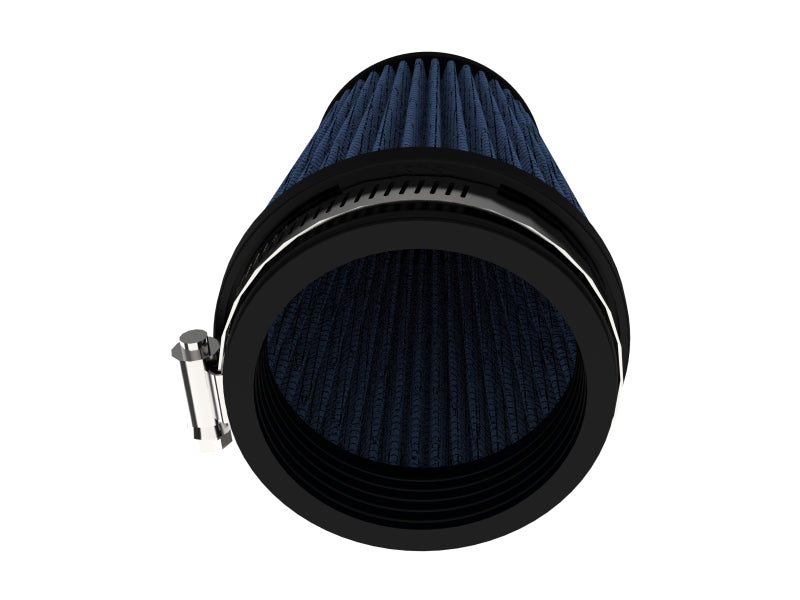 AFE Magnum FLOW universal air filter with a cylindrical design, featuring a blue pleated filter element and a black rubber base.