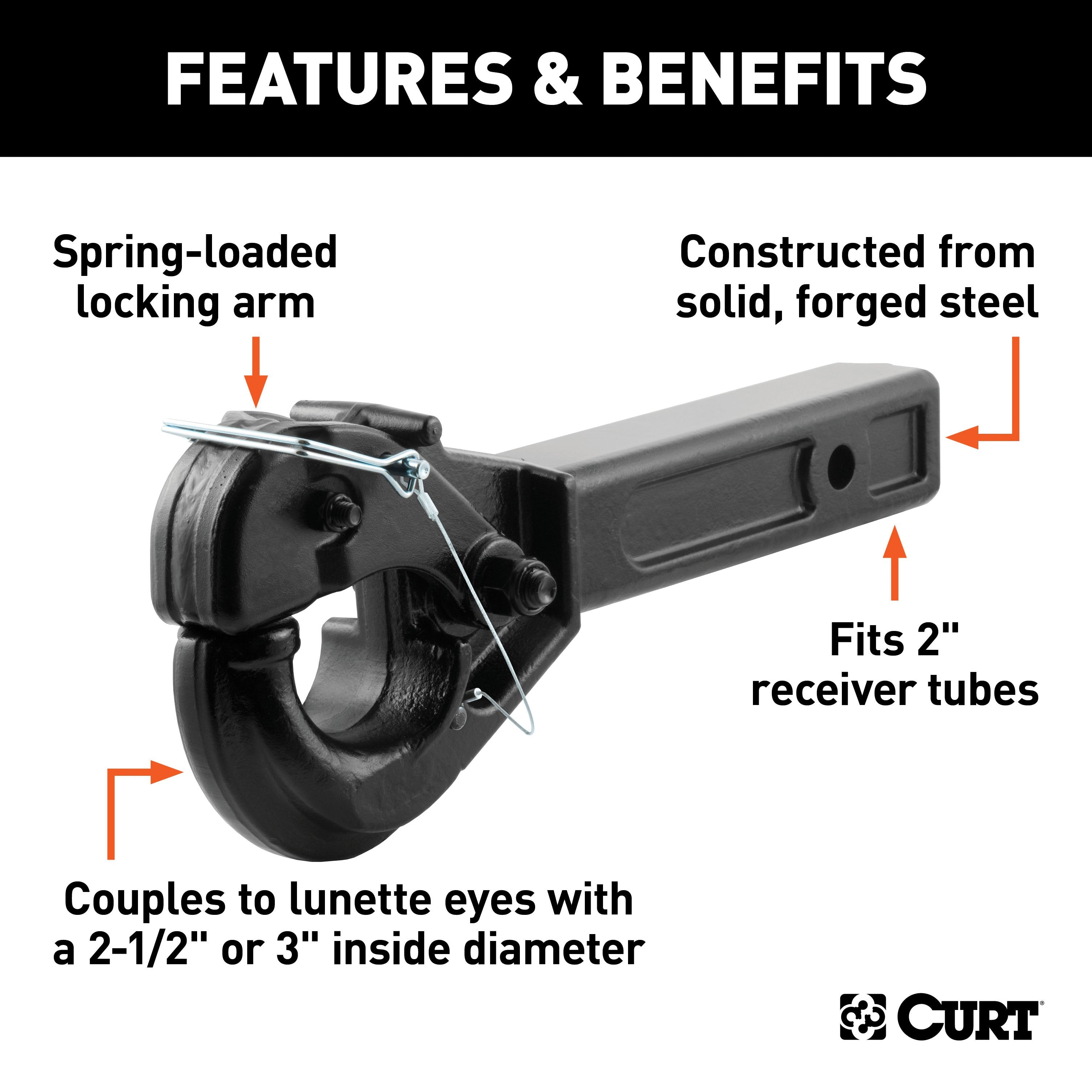 CURT Pintle Hook Hitch for 2-Inch Receiver, 10,000 lbs, Fits 2-1/2-Inch Lunette Ring Model 48005