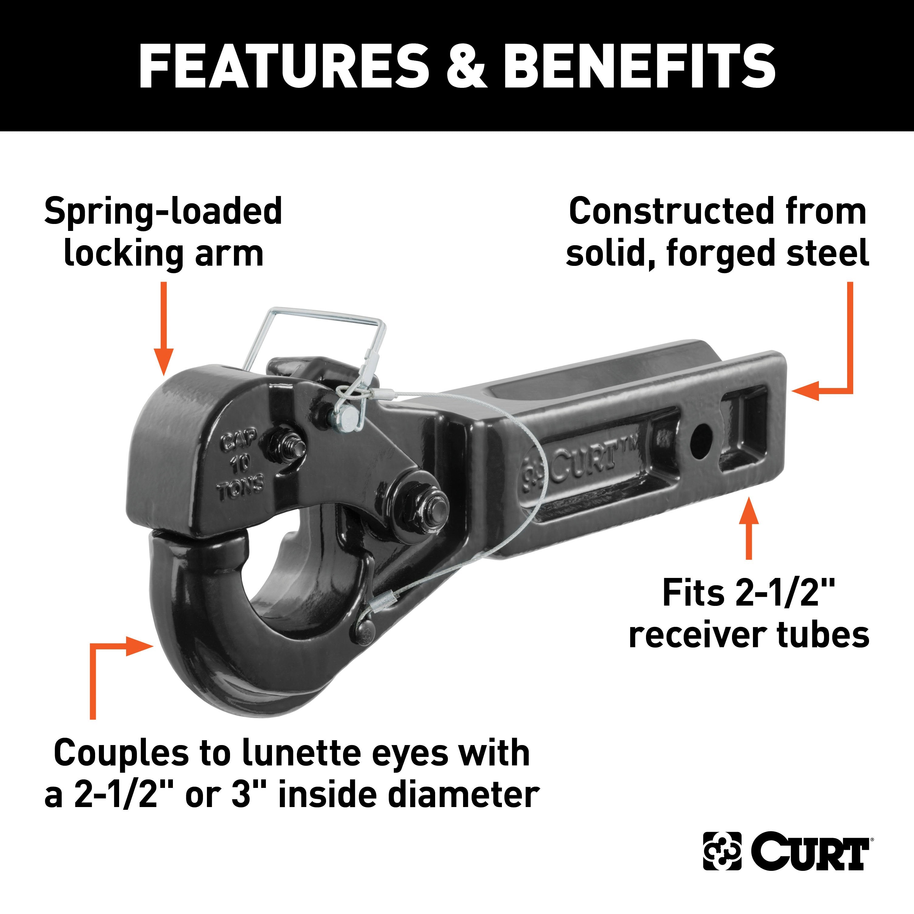 CURT Pintle Hook Hitch for 2-1/2-Inch Receiver, 20,000 lbs, Fits 2-1/2-In Lunette Ring Model 48010