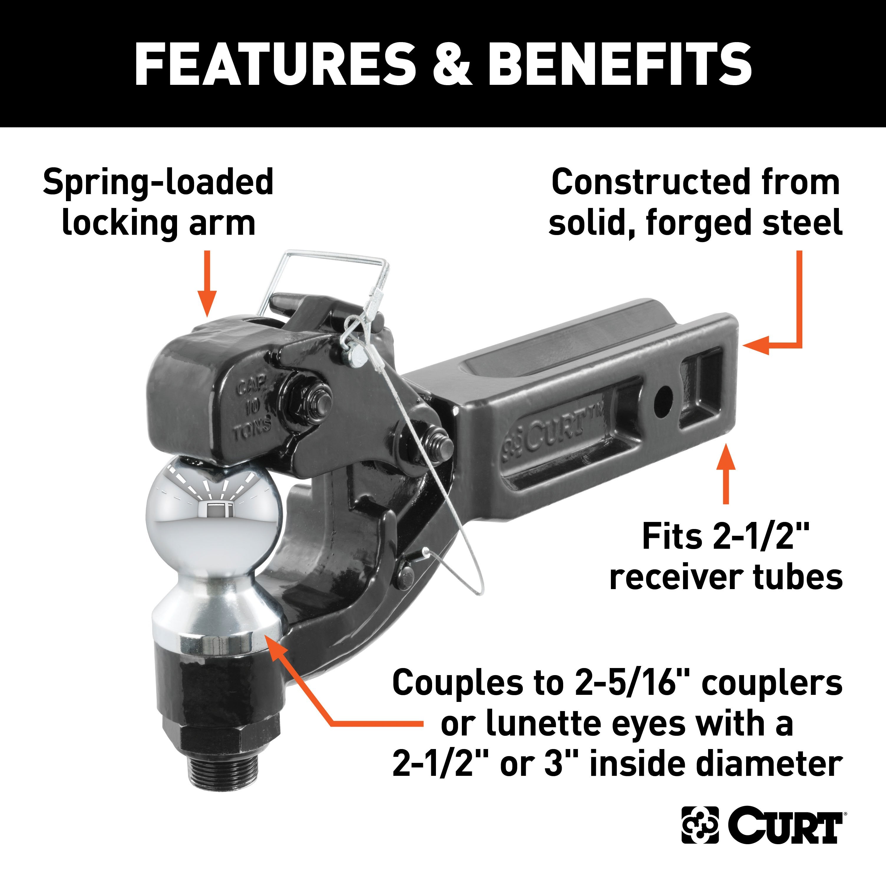 CURT Pintle Hitch with 2-5/16-Inch Trailer Ball, Fits 2-1/2-Inch Receiver, 20,000 lbs, 15-Inch Length Model 48012