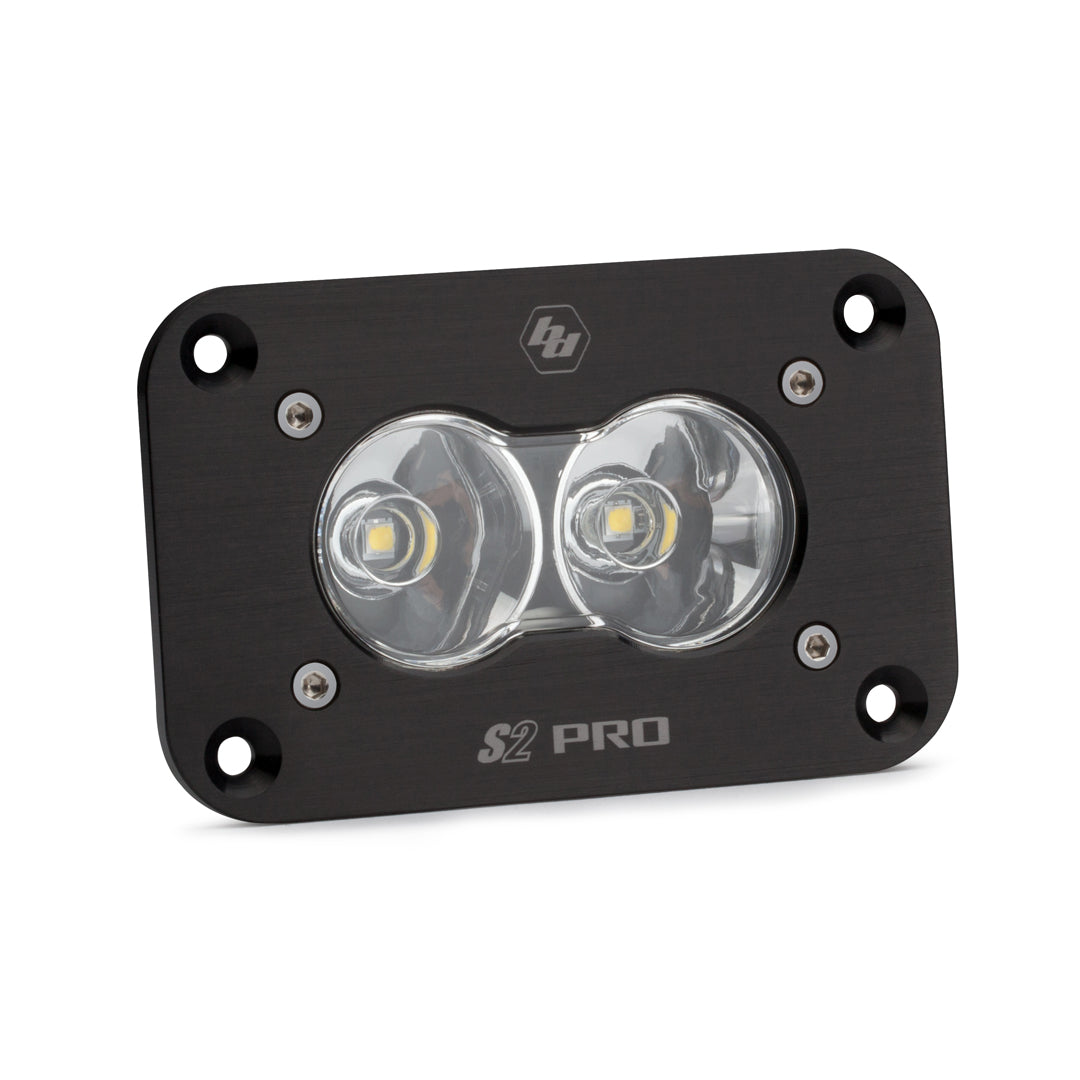 Baja Designs S2 Pro LED work and scene light, flush mount design with dual lenses for enhanced visibility and durability.