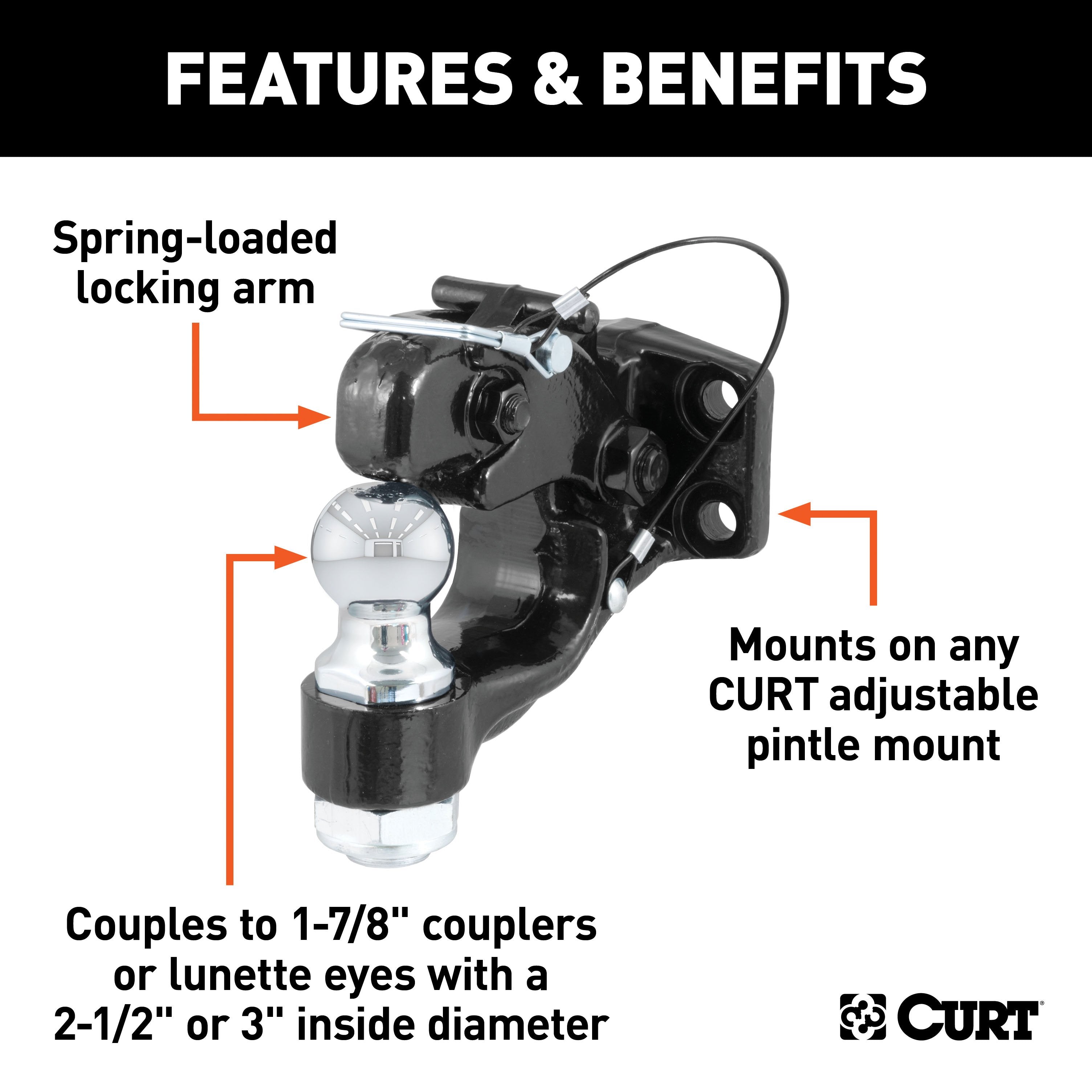 CURT Pintle Hitch with 1-7/8-Inch Trailer Ball, 16,000 lbs, Mount Required Model 48180