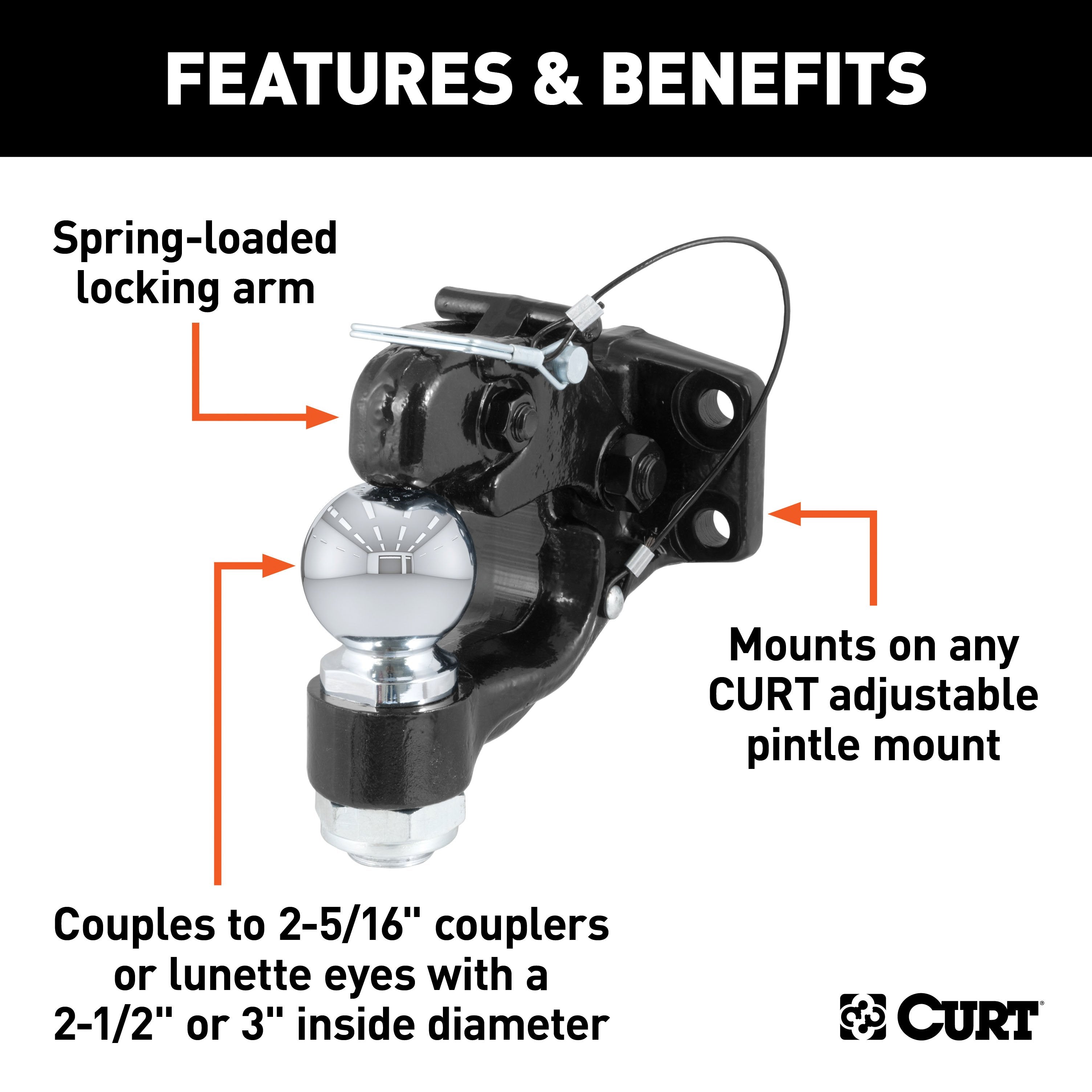 CURT Pintle Hitch with 2-5/16-Inch Trailer Ball, 16,000 lbs, Mount Required Model 48200
