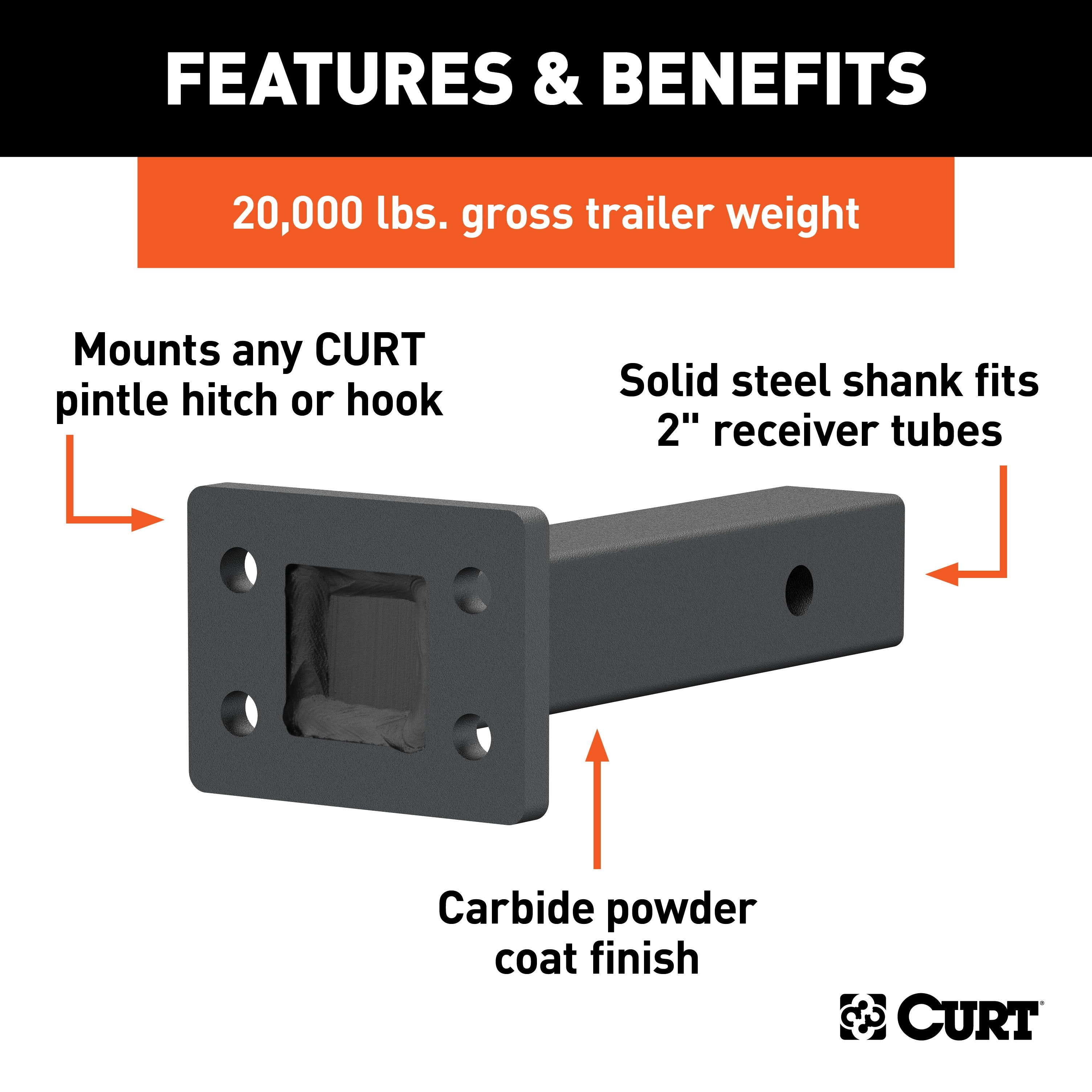 CURT Pintle Mount for 2-Inch Hitch Receiver, 20,000 lbs, 6-Inch Length Model 48327