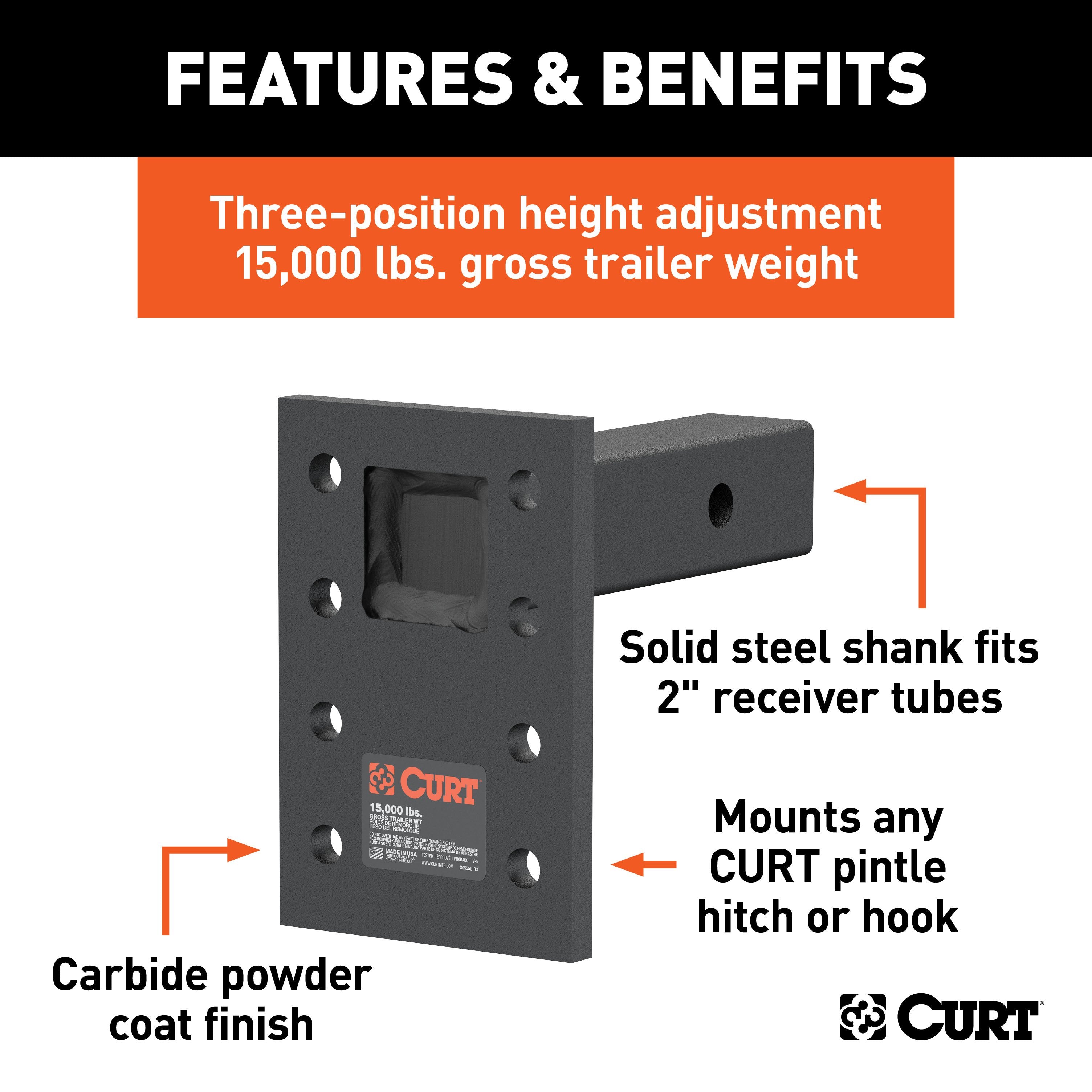 CURT Adjustable Pintle Mount for 2-Inch Hitch Receiver, 15,000 lbs, 6-1/2-Inch Drop, 6-Inch Length Model 48328