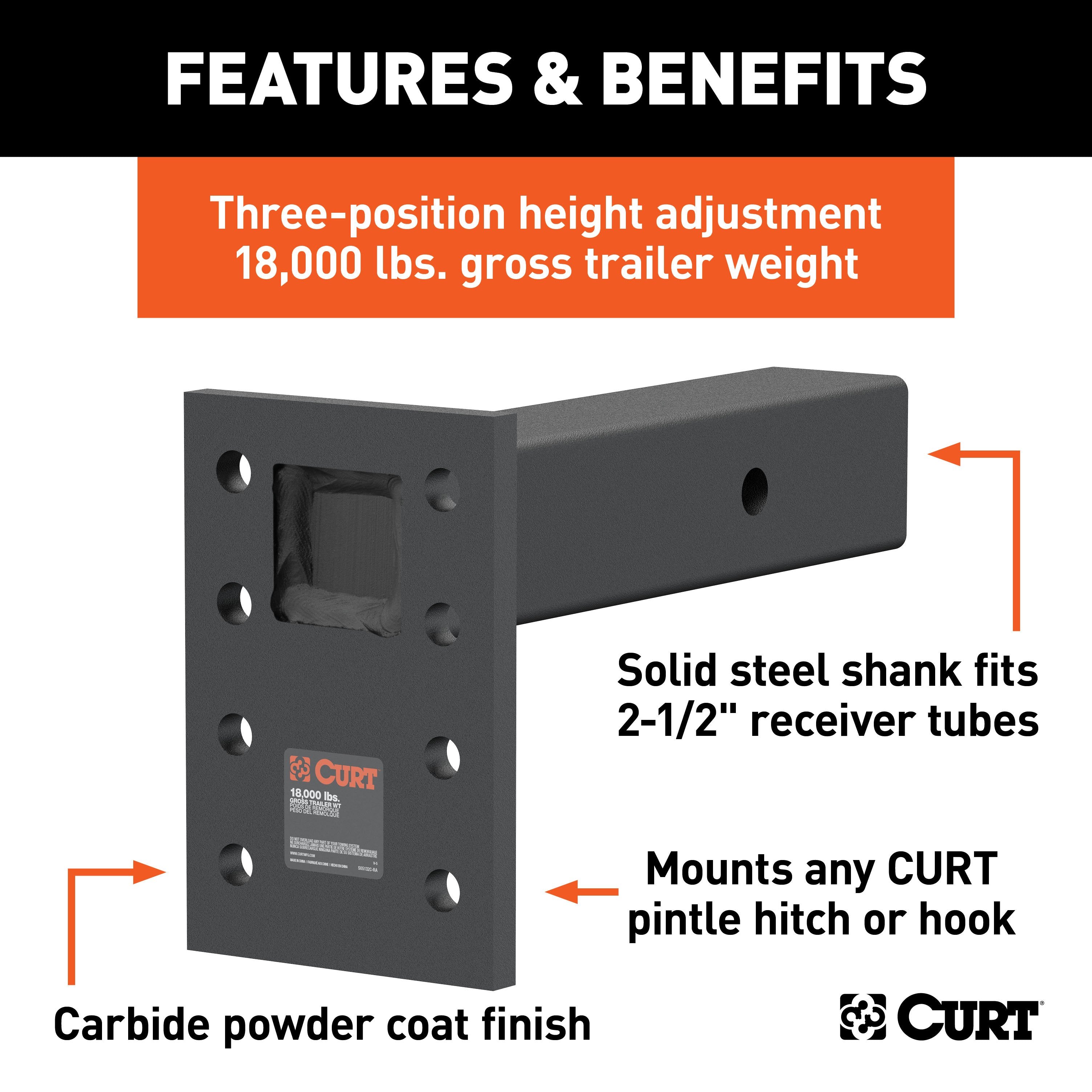 CURT Adjustable Pintle Mount for 2-1/2-Inch Hitch Receiver, 18,000 lbs, 6-1/2-Inch Drop, 8-Inch Length Model 48329