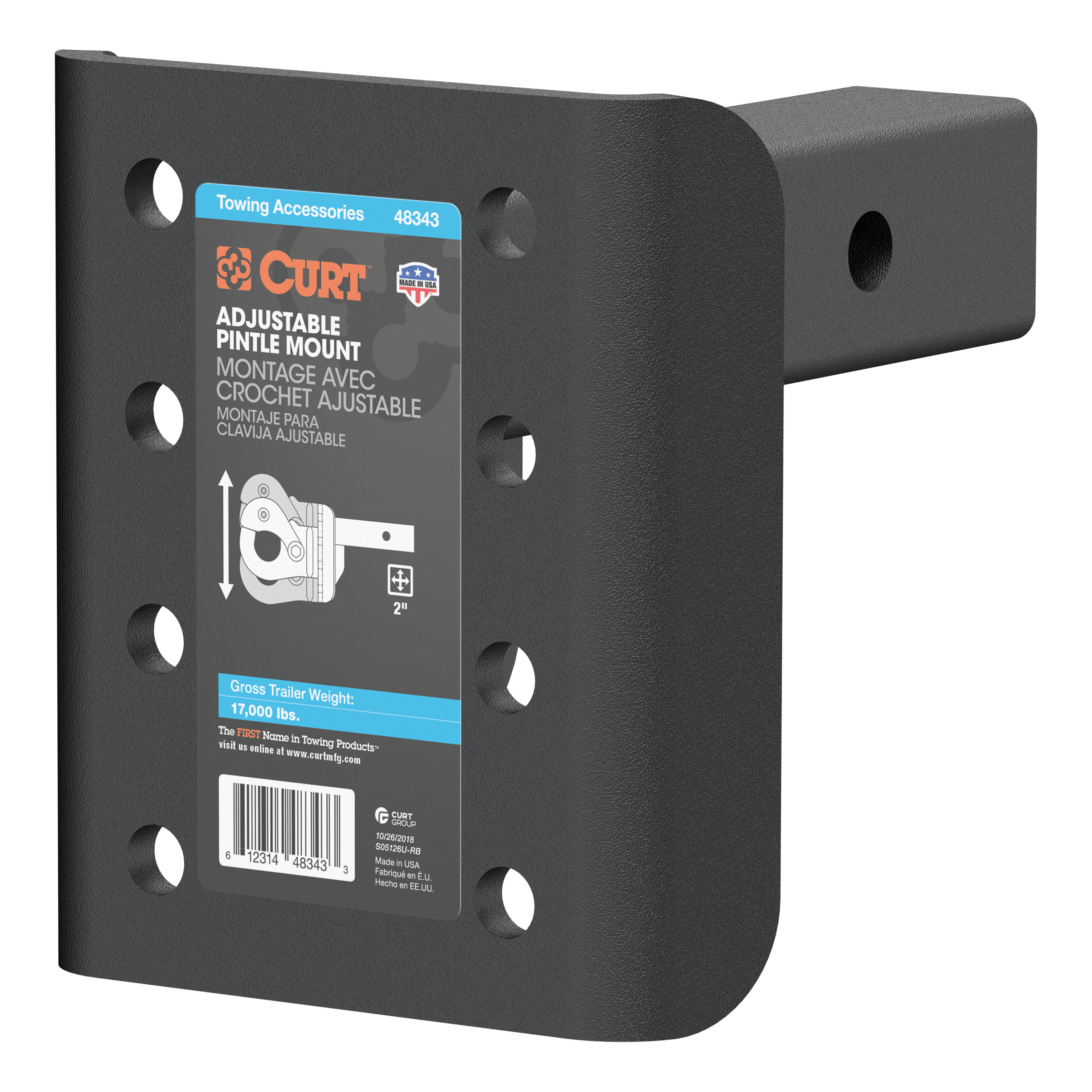 CURT Adjustable Pintle Mount for 2-Inch Hitch Receiver, 17,000 lbs, 7-1/4-Inch Height, 6-Inch Length Model 48343