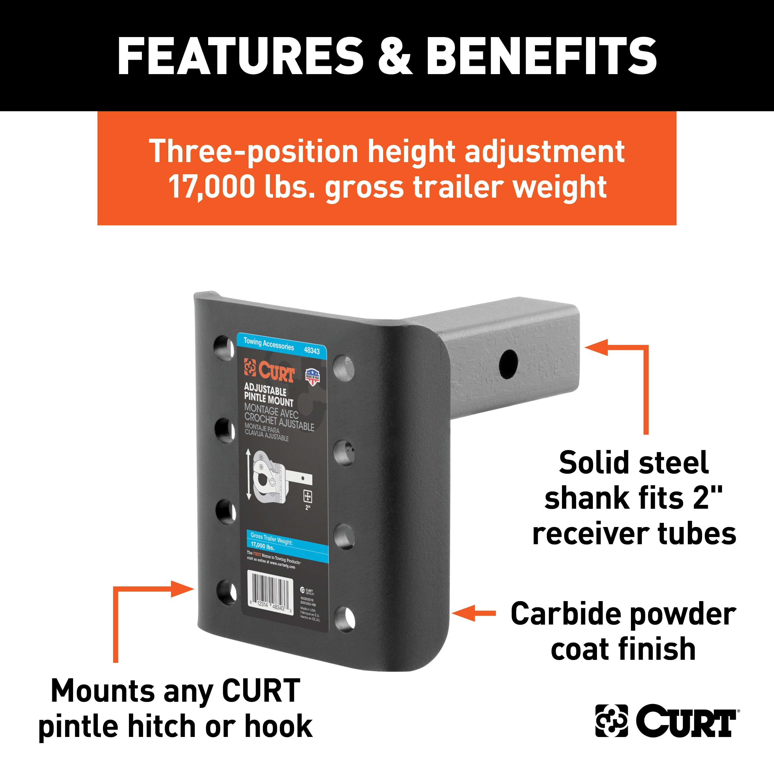CURT Adjustable Pintle Mount for 2-Inch Hitch Receiver, 17,000 lbs, 7-1/4-Inch Height, 6-Inch Length Model 48343