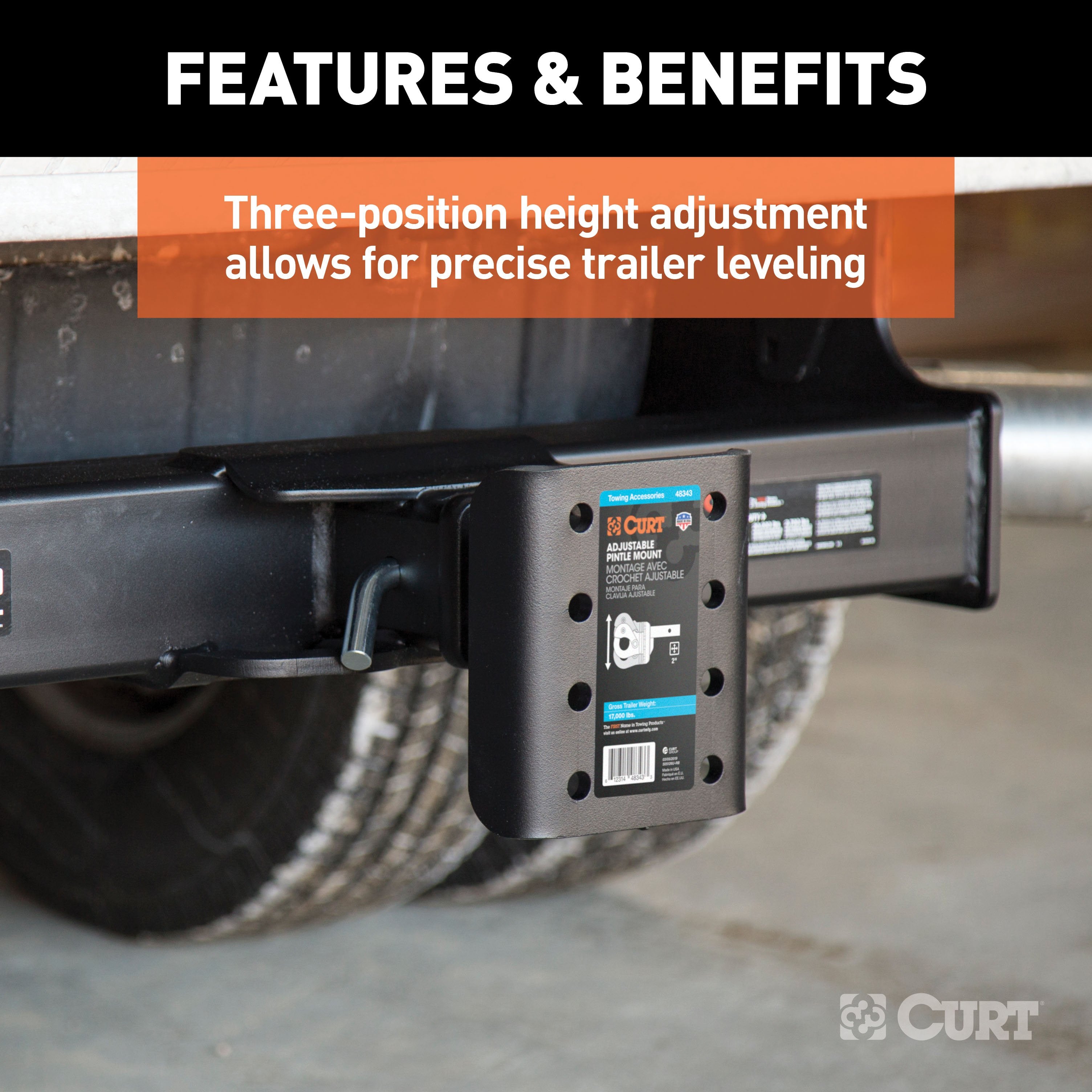 CURT Adjustable Pintle Mount for 2-Inch Hitch Receiver, 17,000 lbs, 7-1/4-Inch Height, 6-Inch Length Model 48343
