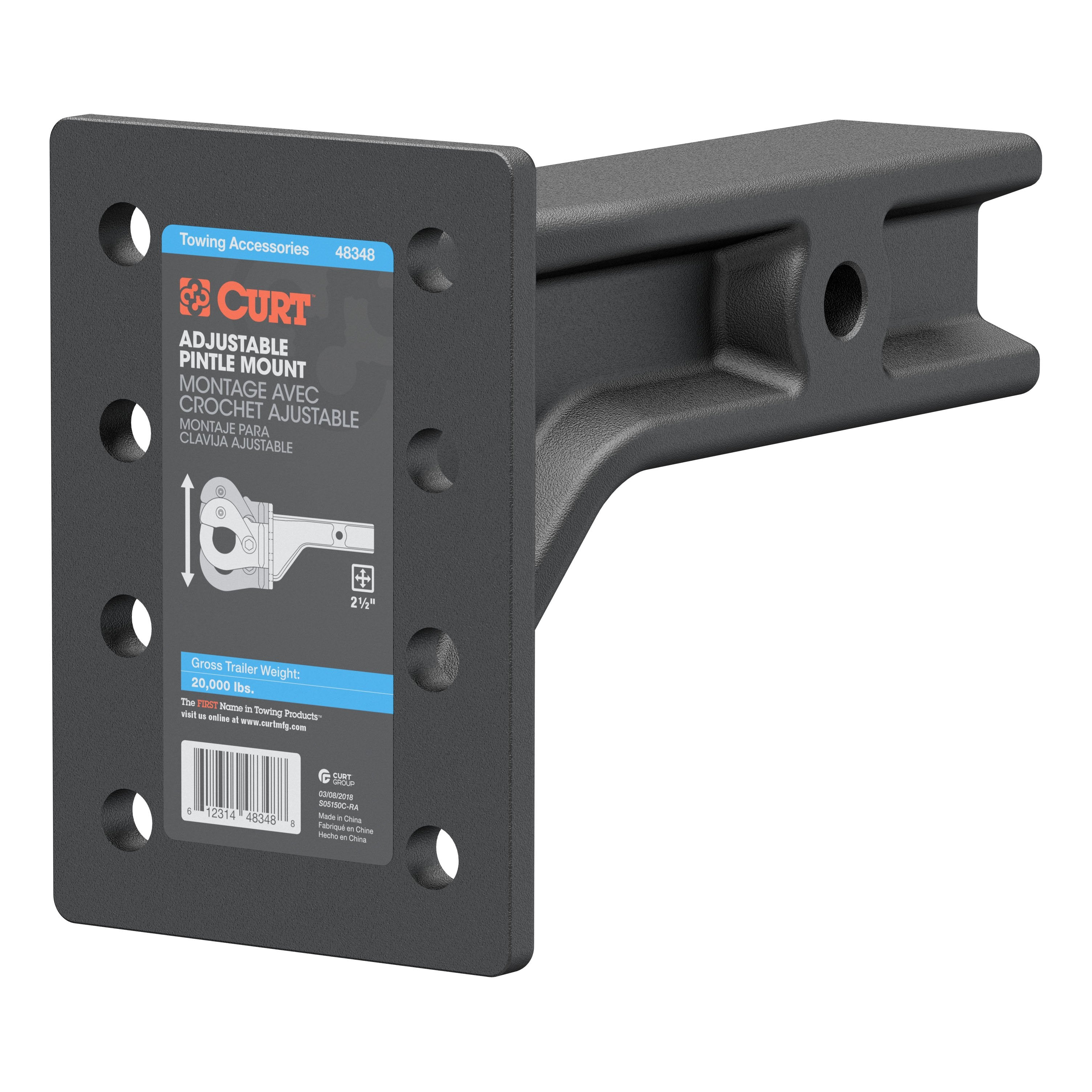 CURT Adjustable Pintle Mount for 2-1/2-Inch Hitch Receiver, 20,000 lbs, 7-1/4-Inch Height, 10-3/4-Inch Length Model 48348