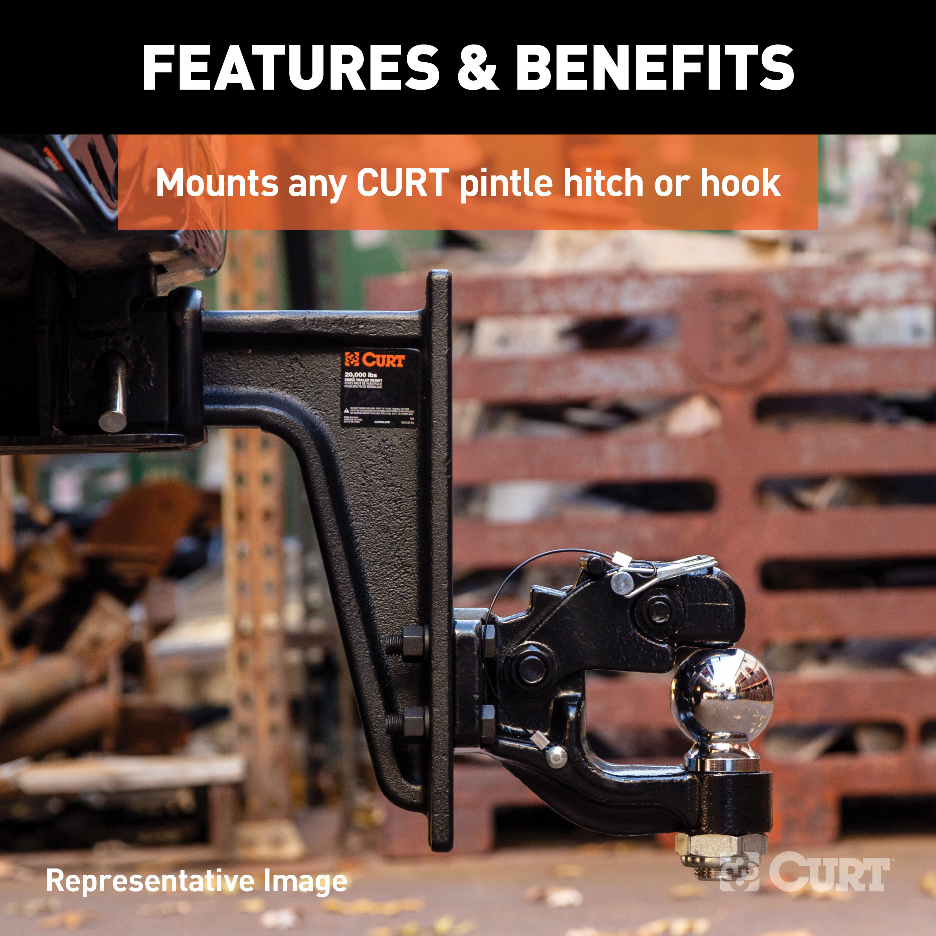 CURT Adjustable Pintle Mount for 2-1/2-Inch Hitch Receiver, 20,000 lbs, 7-1/4-Inch Height, 10-3/4-Inch Length Model 48348