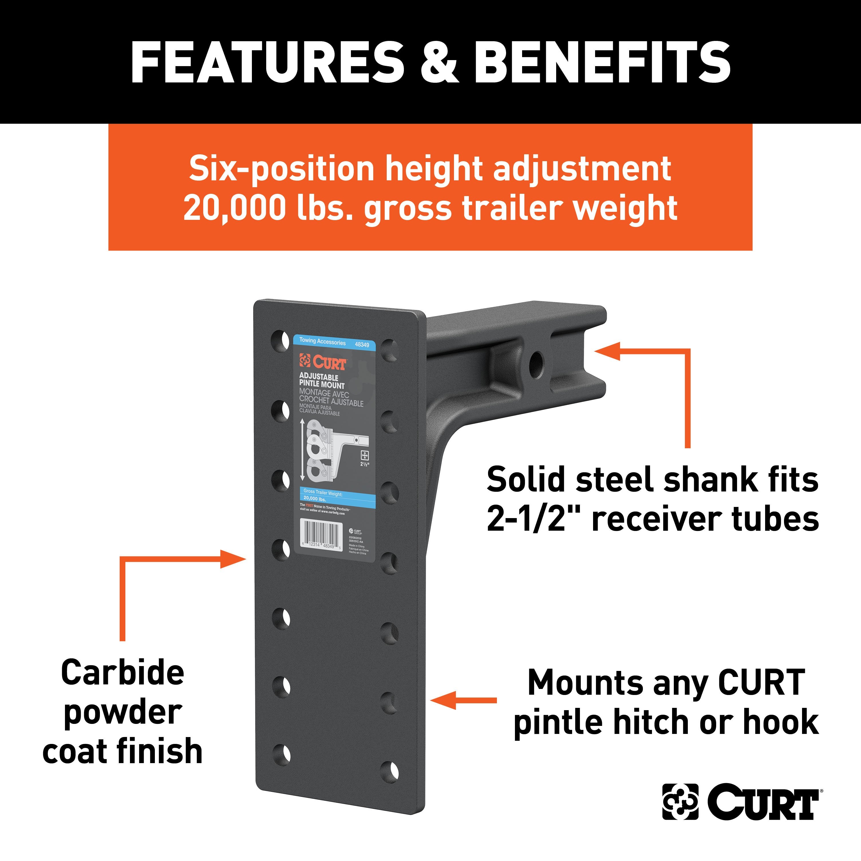 CURT Adjustable Pintle Mount for 2-1/2-Inch Hitch Receiver, 20,000 lbs, 12-1/2-Inch Height, 10-3/4-Inch Length Model 48349