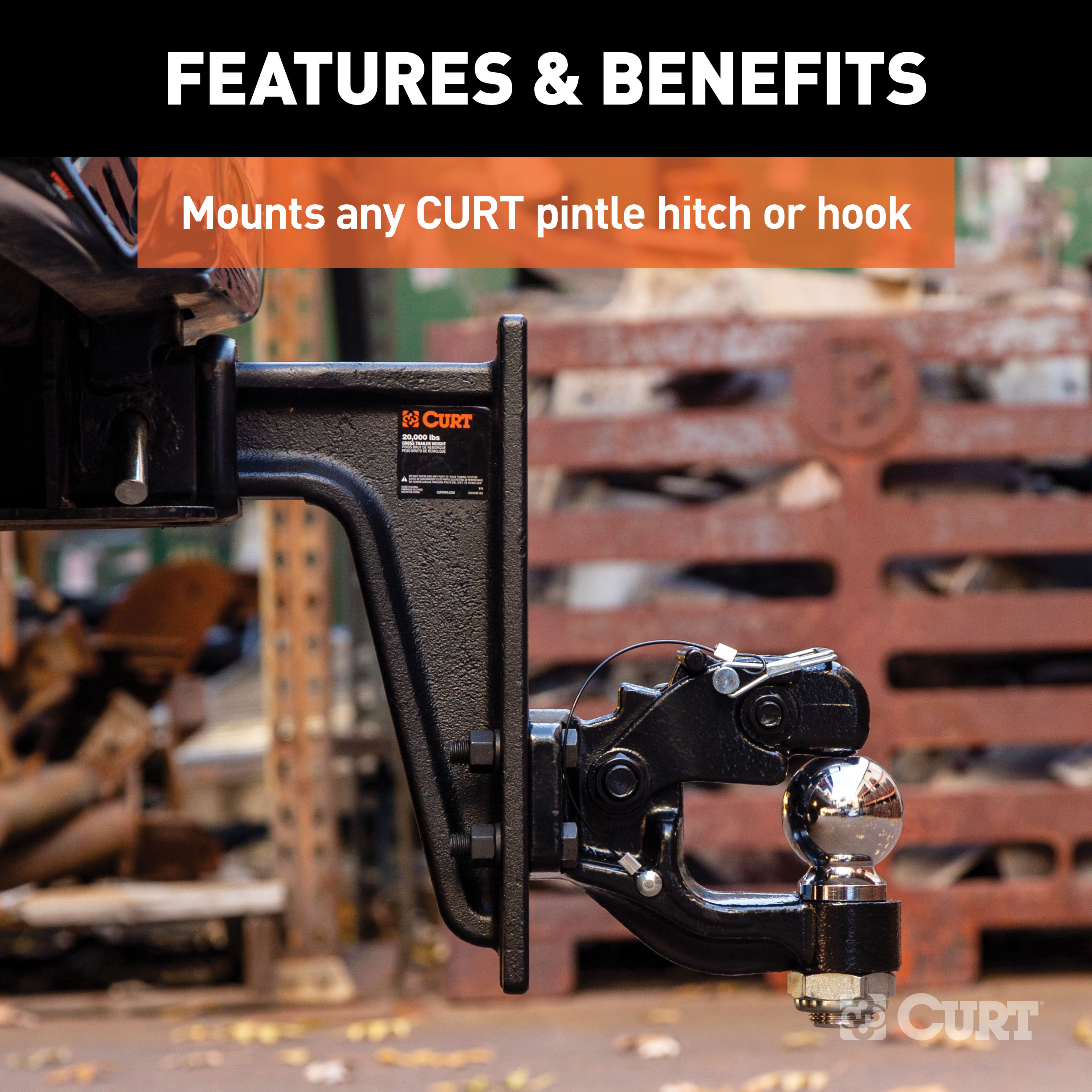 CURT Adjustable Pintle Mount for 2-1/2-Inch Hitch Receiver, 20,000 lbs, 12-1/2-Inch Height, 10-3/4-Inch Length Model 48349
