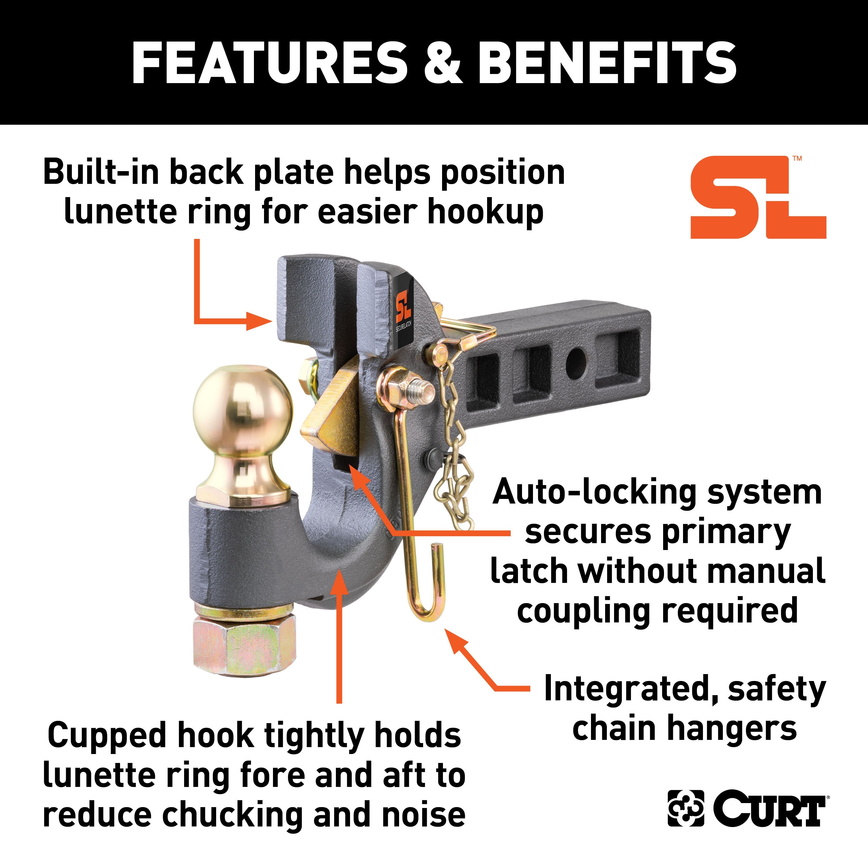 CURT SecureLatch Receiver-Mount 2-Inch Ball and Pintle Hitch Combination, 2-In Shank, 14,000 Pounds Model 48407