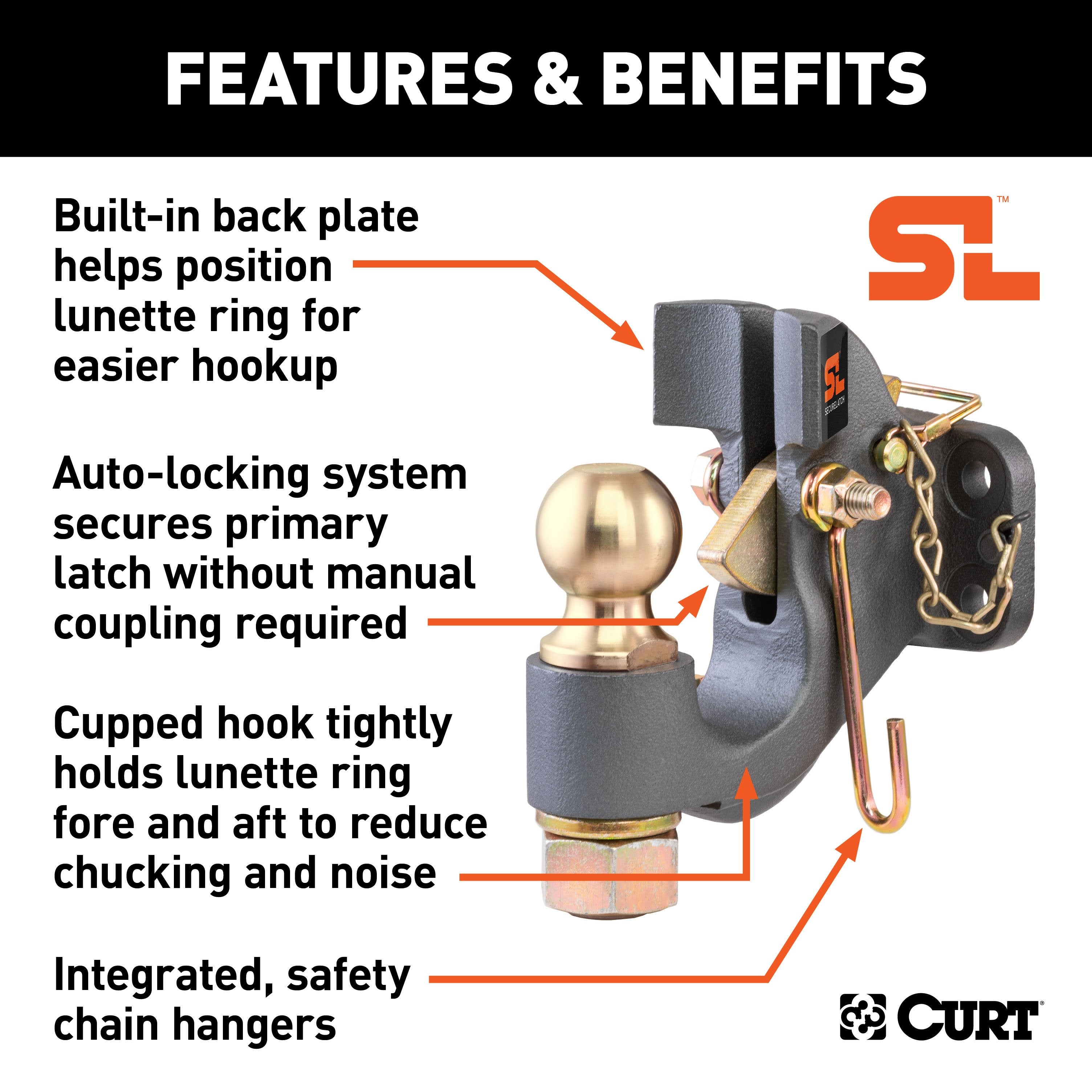 CURT SecureLatch 2-Inch Ball and Pintle Hitch Hook Combination, 20,000 Pounds, Mount Required Model 48411