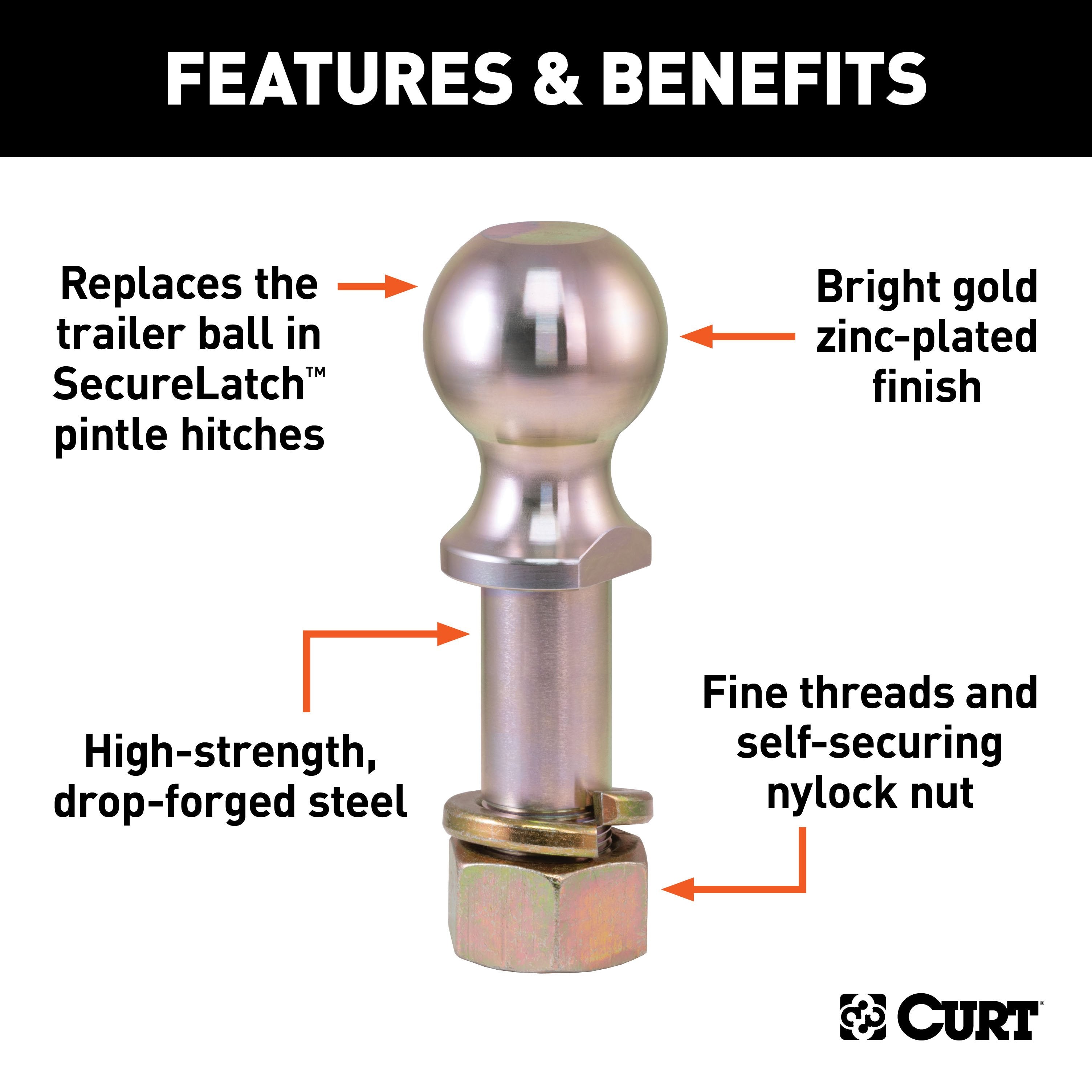 CURT Replacement SecureLatch 2-5/16-Inch Pintle Hitch Ball, 14,000, 1-1/4-Inch Shank Diameter Model 48430