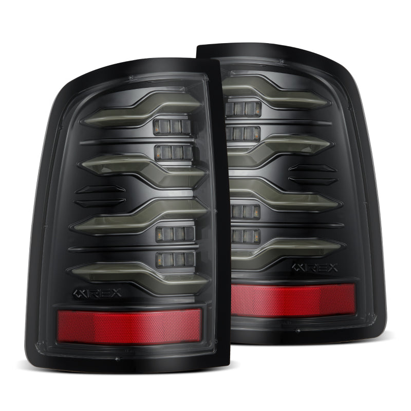 AlphaRex Luxx-Series LED tail lights for 09-18 Dodge Ram in black, featuring activation light and sequential signal design.