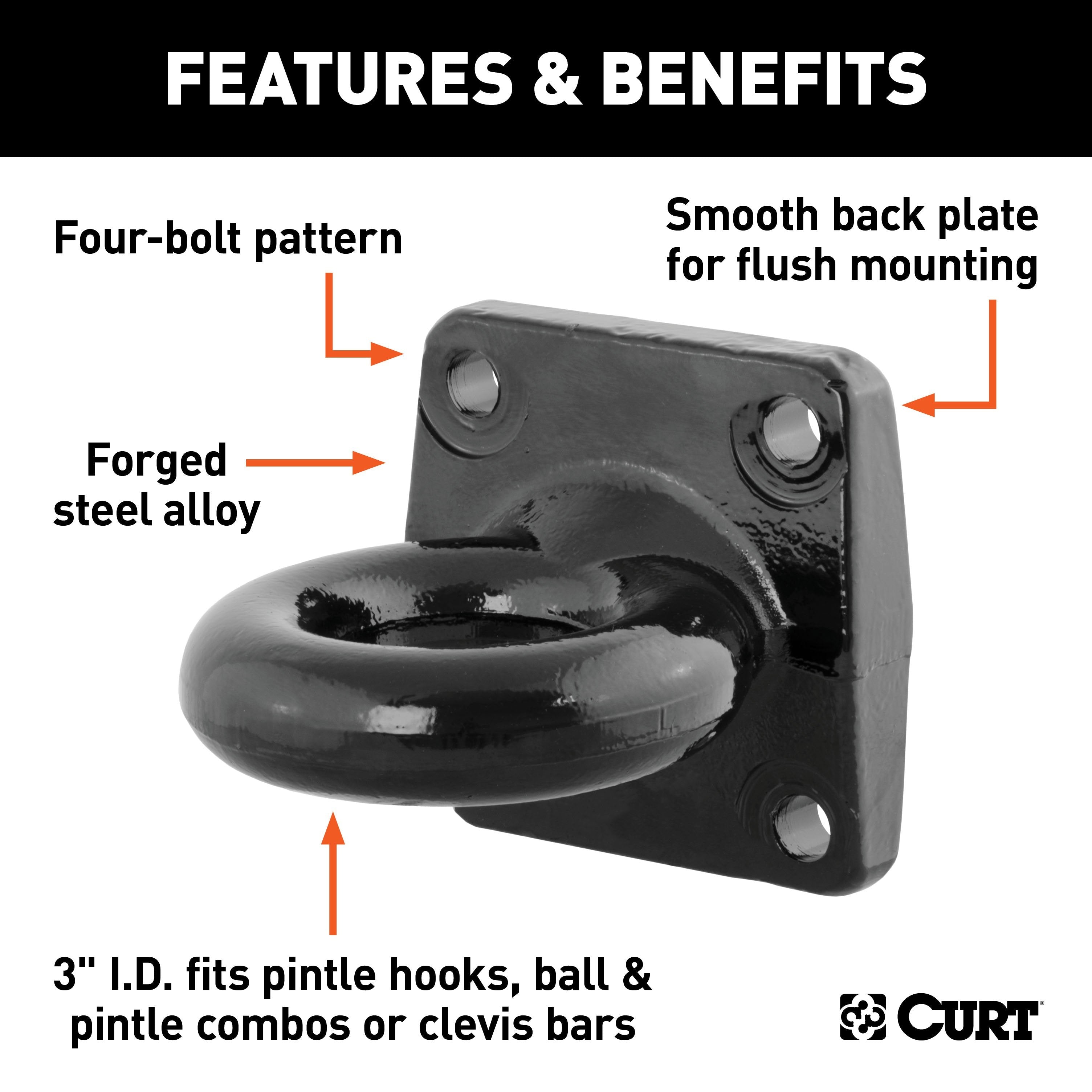 CURT Black Steel Pintle Hitch Lunette Ring 3-Inch ID, 60,000 lbs, 4-1/2-Inch Bolt Pattern Model 48560