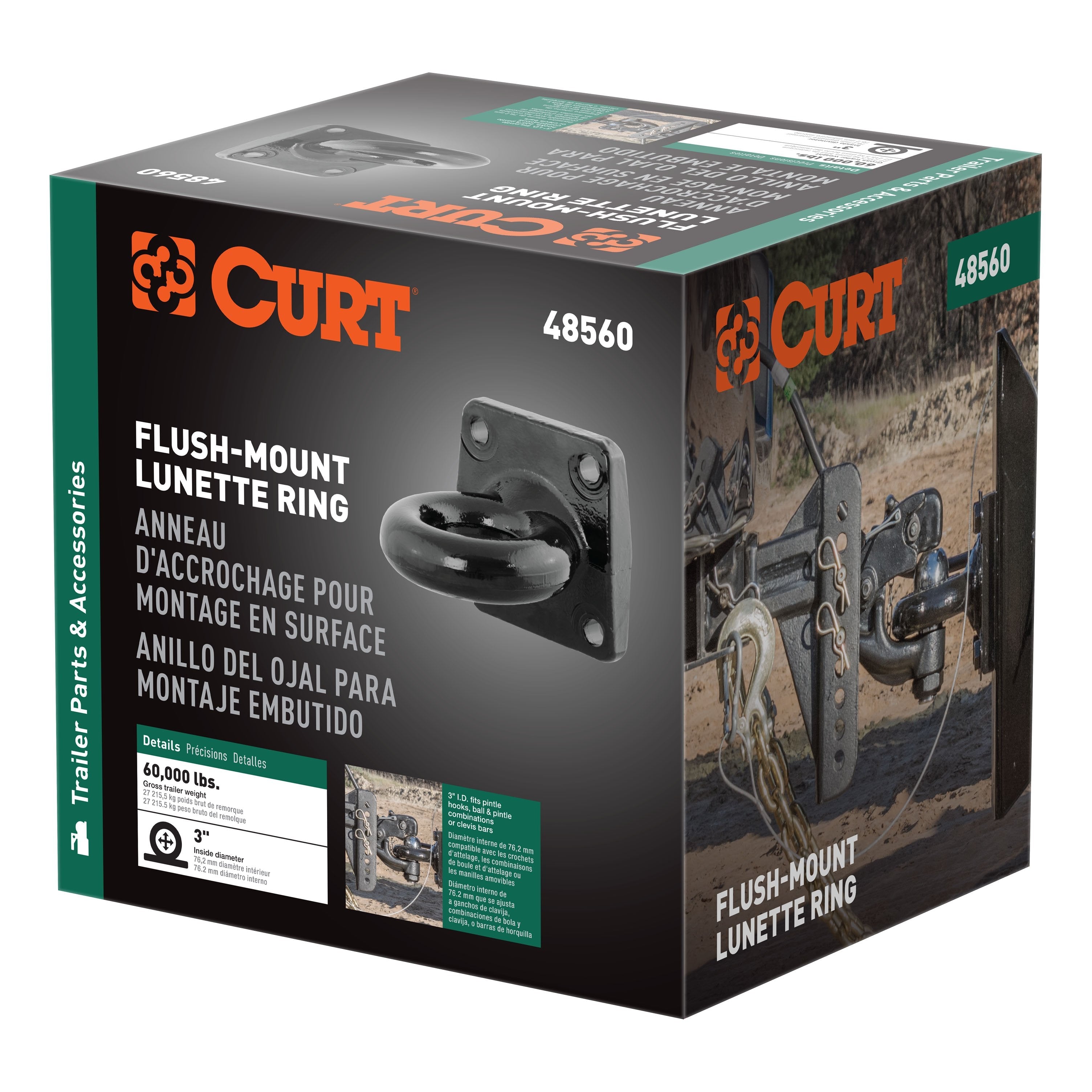 CURT Black Steel Pintle Hitch Lunette Ring 3-Inch ID, 60,000 lbs, 4-1/2-Inch Bolt Pattern Model 48560