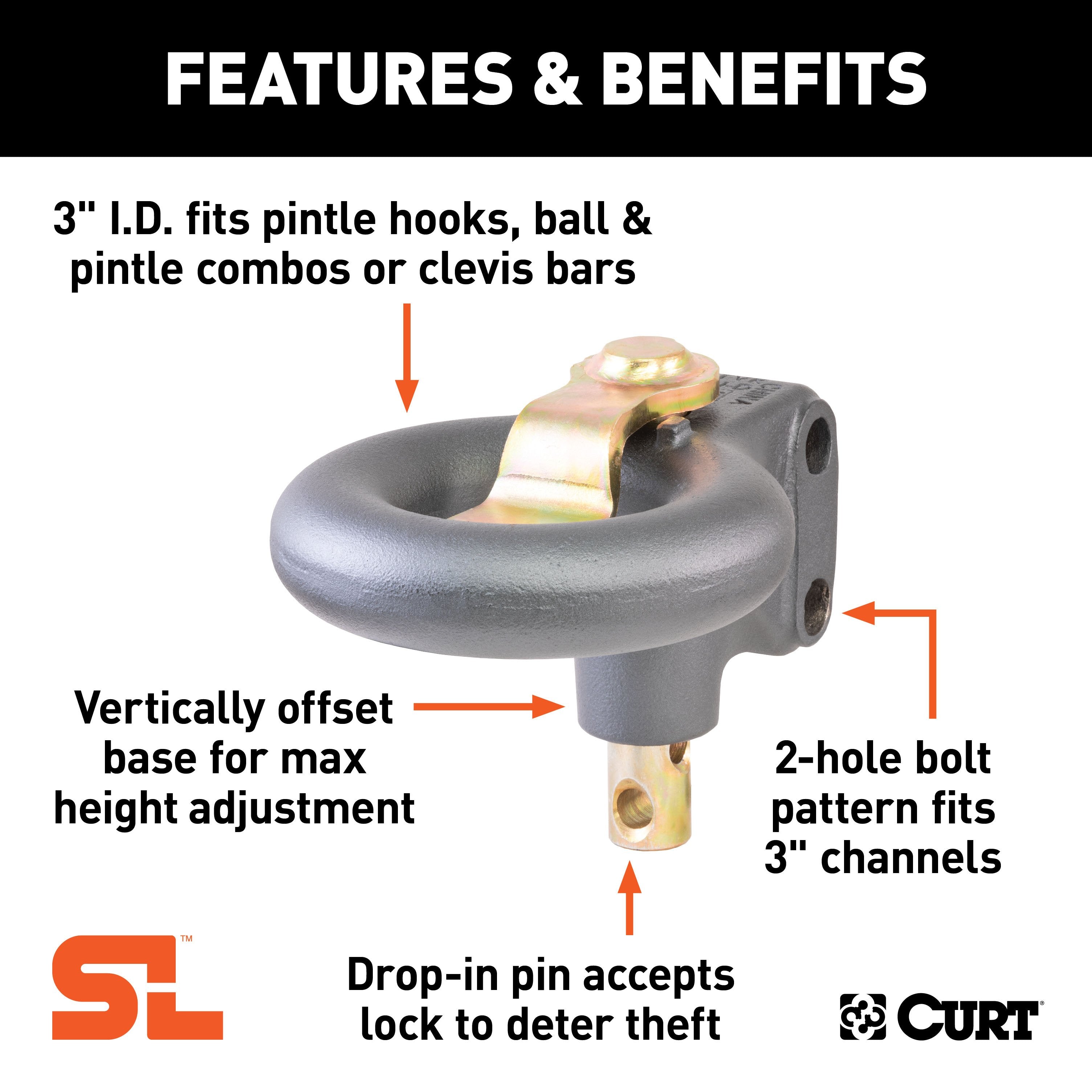 CURT SecureLatch Channel-Style Lunette Ring, 25,000 Pounds, 3-Inch ID Model 48625