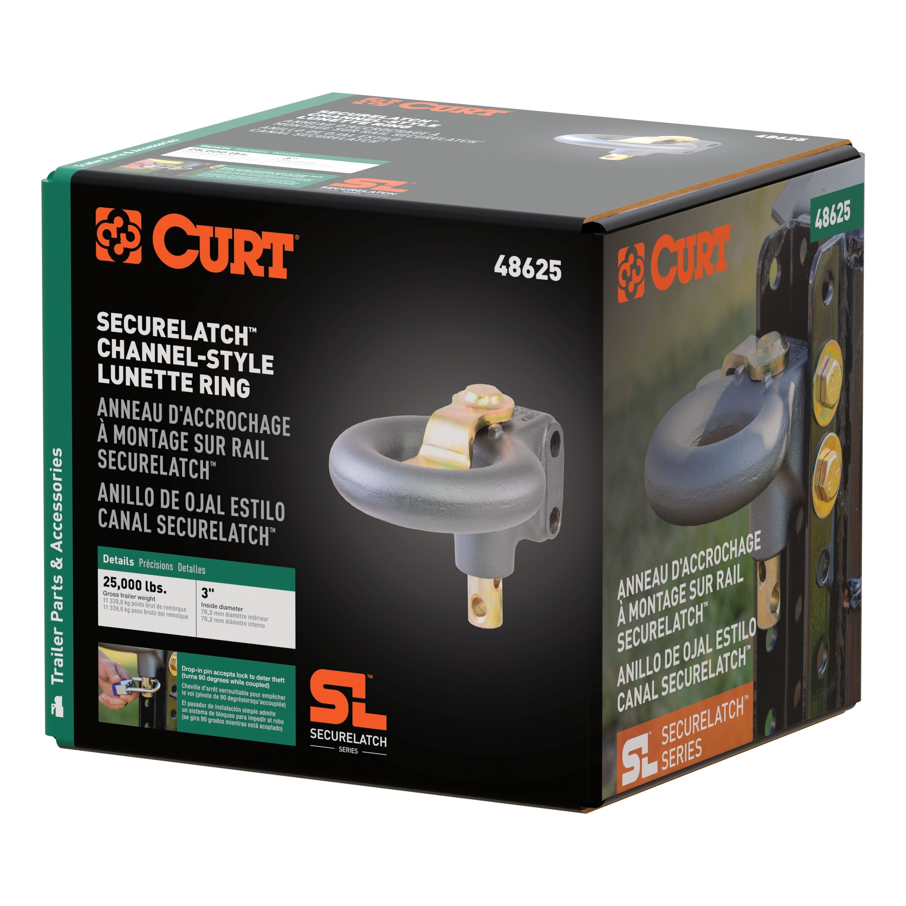 CURT SecureLatch Channel-Style Lunette Ring, 25,000 Pounds, 3-Inch ID Model 48625