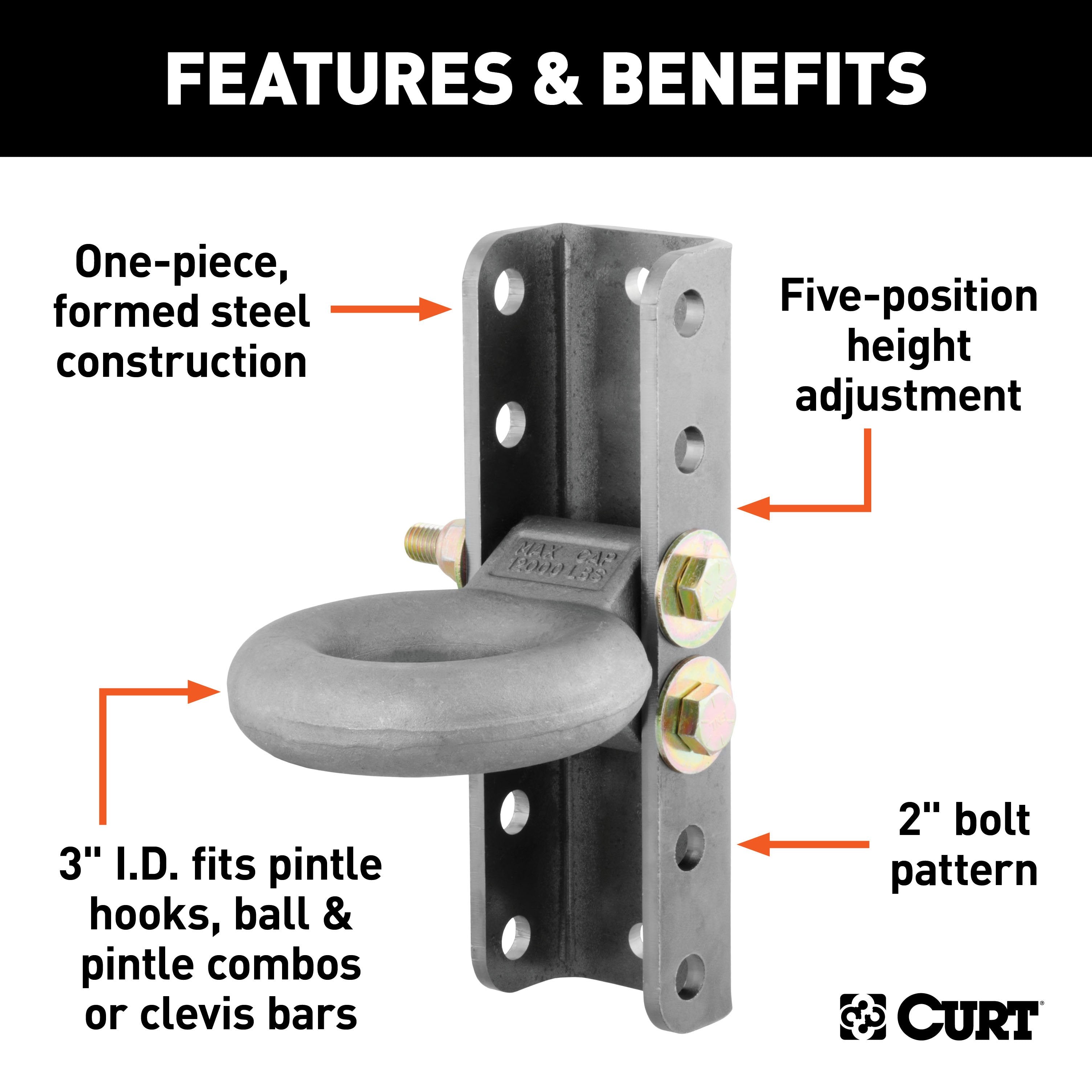 CURT Raw Steel Adjustable Pintle Hitch Lunette Ring 3-In ID, 12,000 lbs, 11-3/4-Inch Channel Height Model 48640
