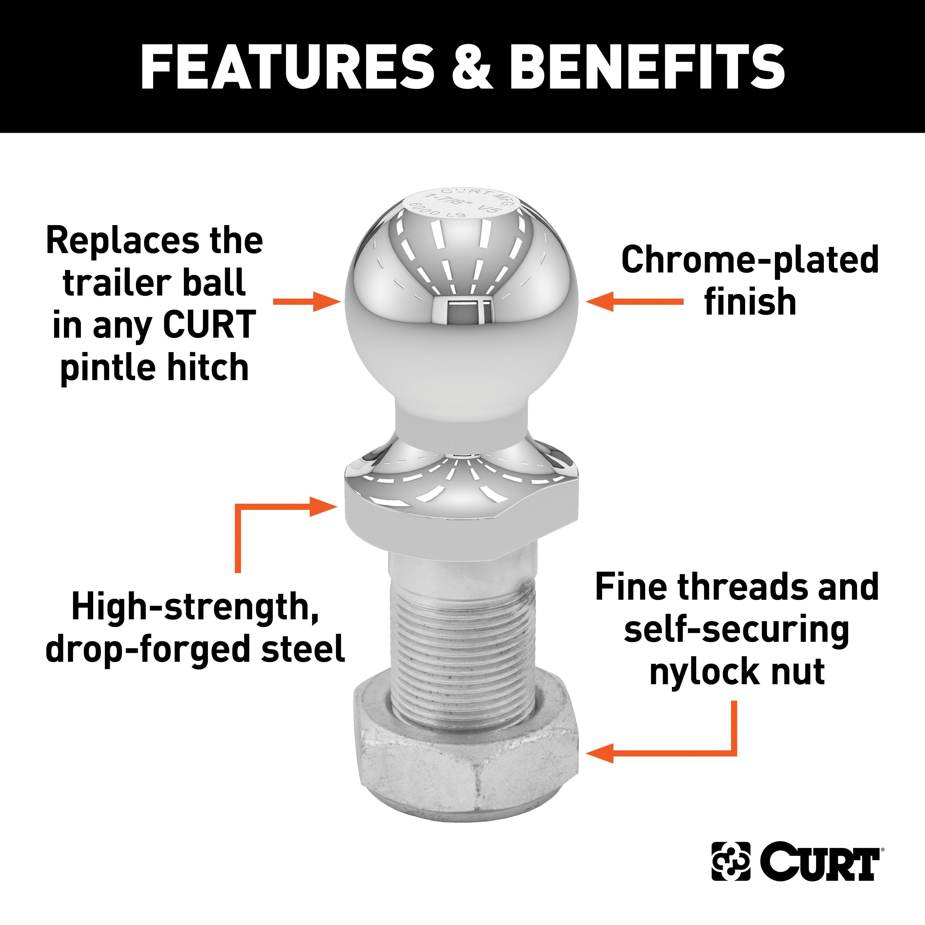 CURT Replacement 1-7/8-Inch Pintle Hitch Ball, 6,000 lbs, 1-1/4-Inch Shank Diameter Model 48810