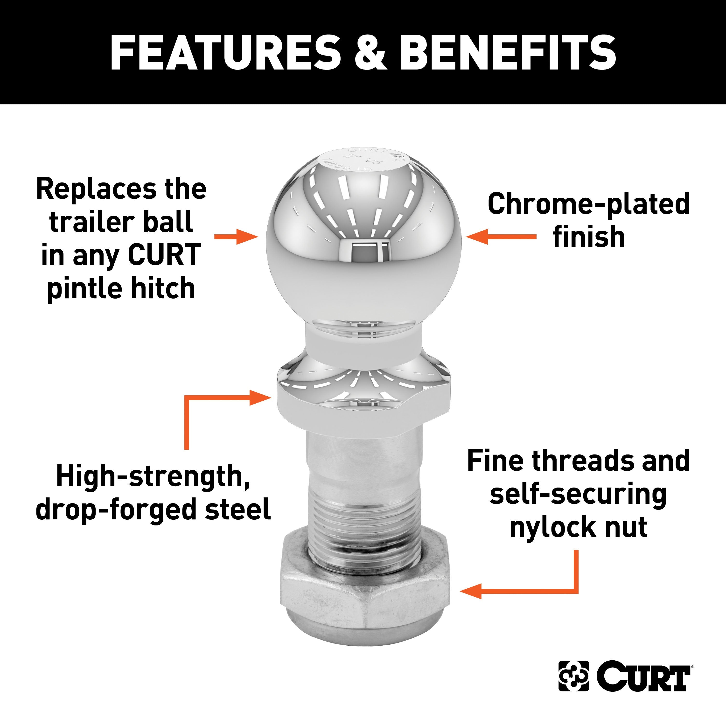 CURT Replacement 2-Inch Pintle Hitch Ball, 10,000 lbs, 1-1/4-Inch Shank Diameter Model 48820